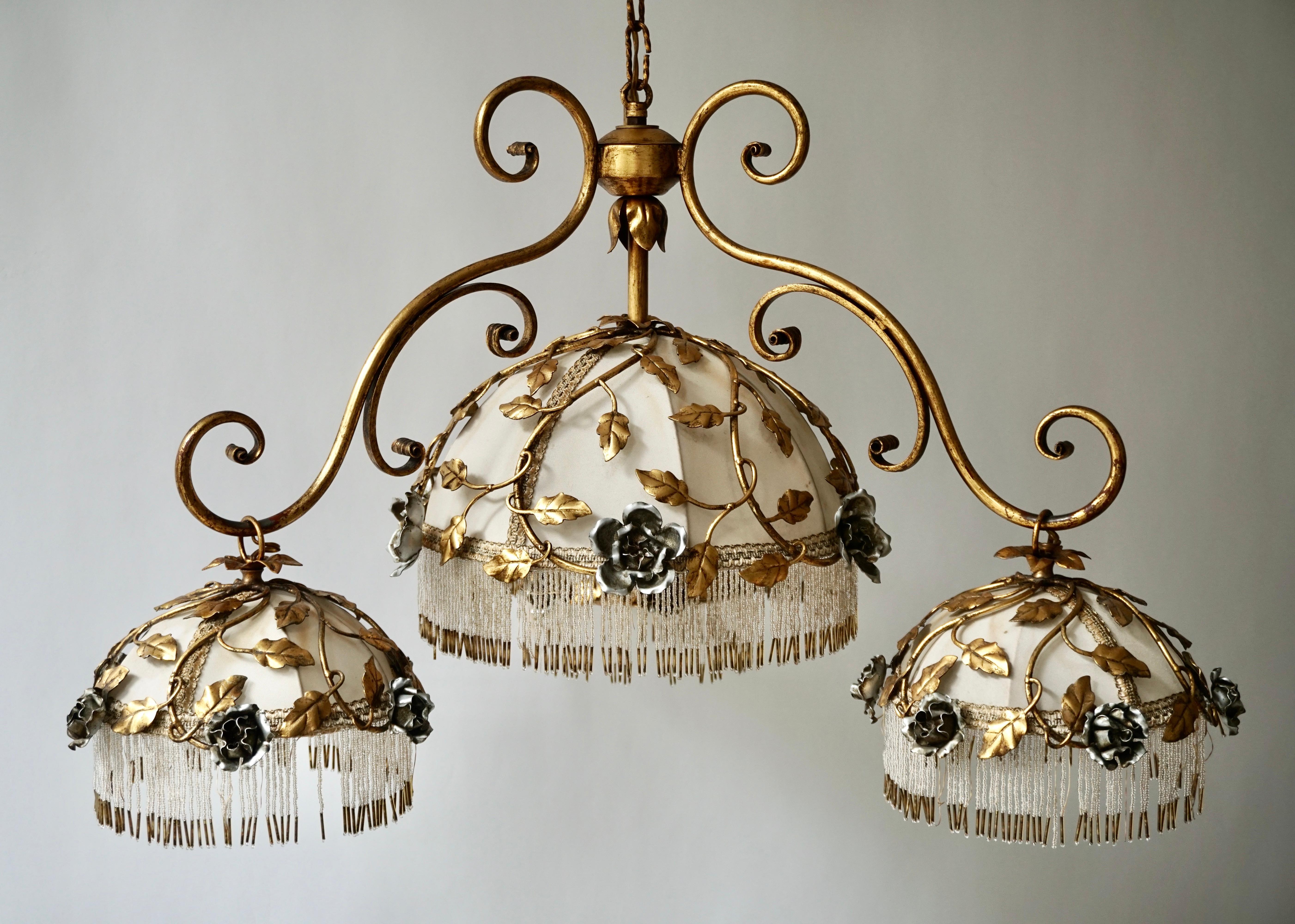 Chandelier with Brass Leaves and Silver Colored Roses For Sale 3
