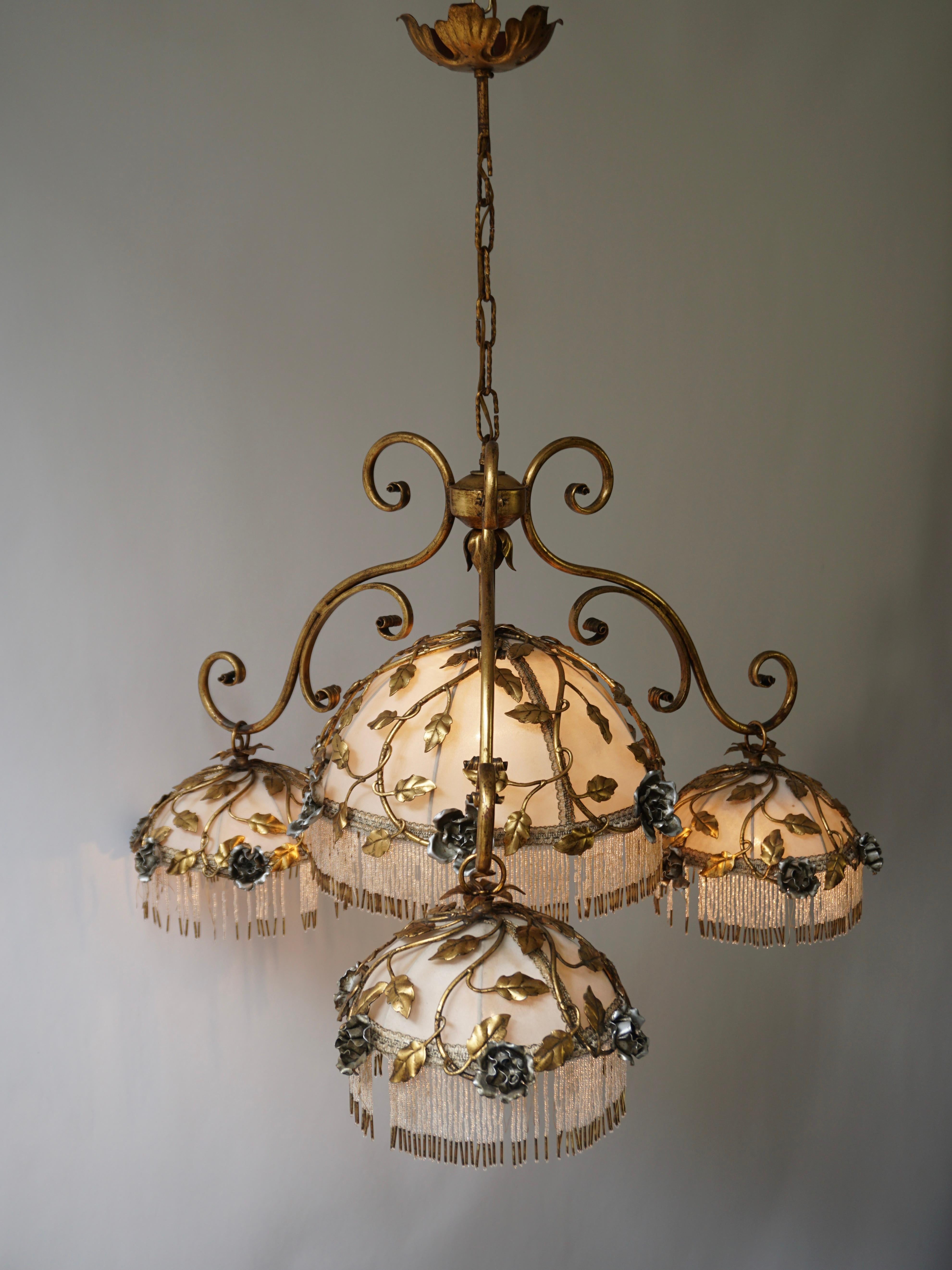 Hollywood Regency Chandelier with Brass Leaves and Silver Colored Roses For Sale
