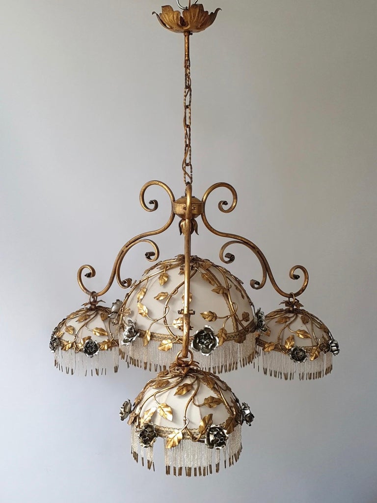 Gilt Chandelier with Brass Leaves and Silver Colored Roses For Sale