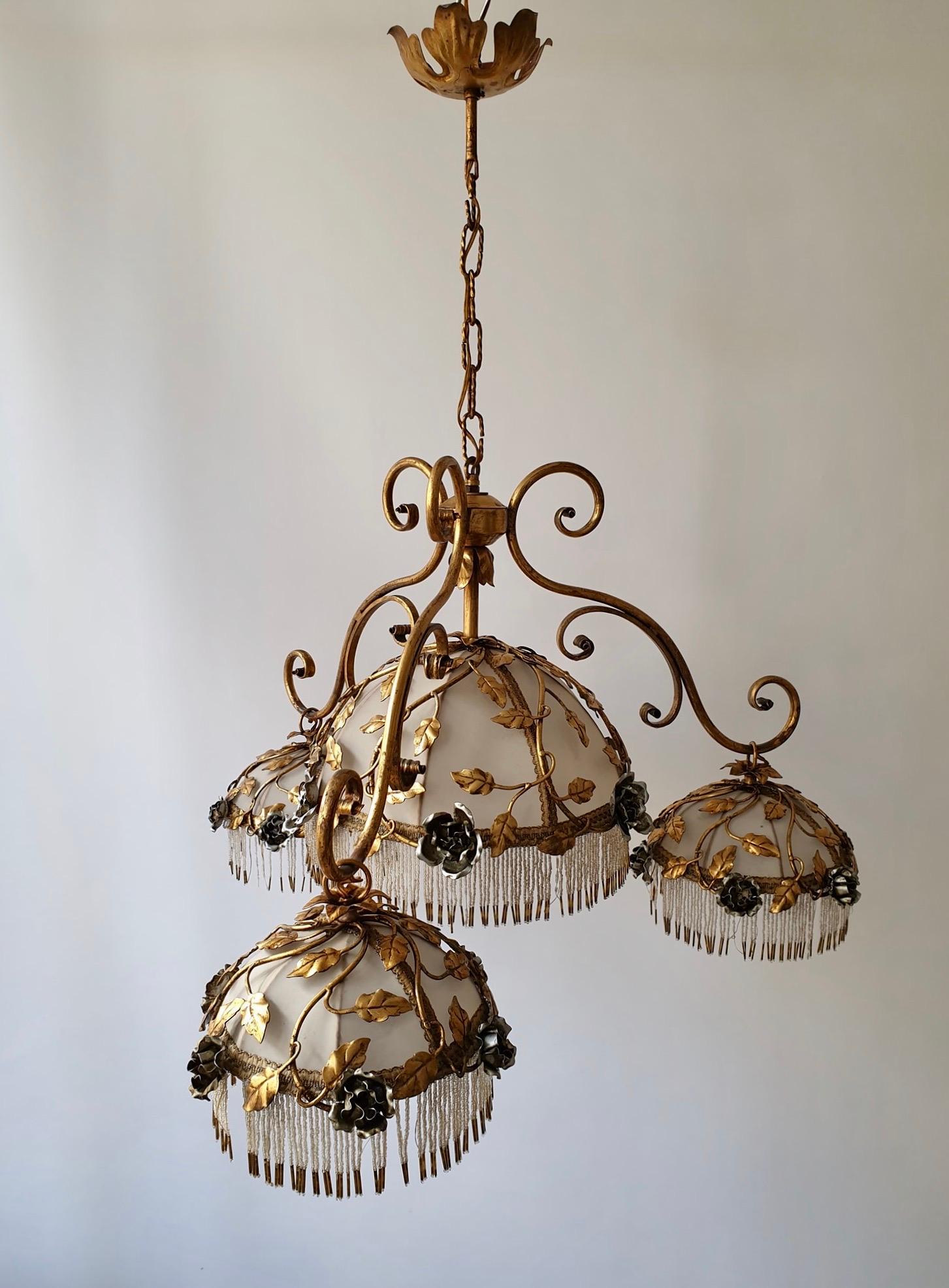 20th Century Chandelier with Brass Leaves and Silver Colored Roses For Sale