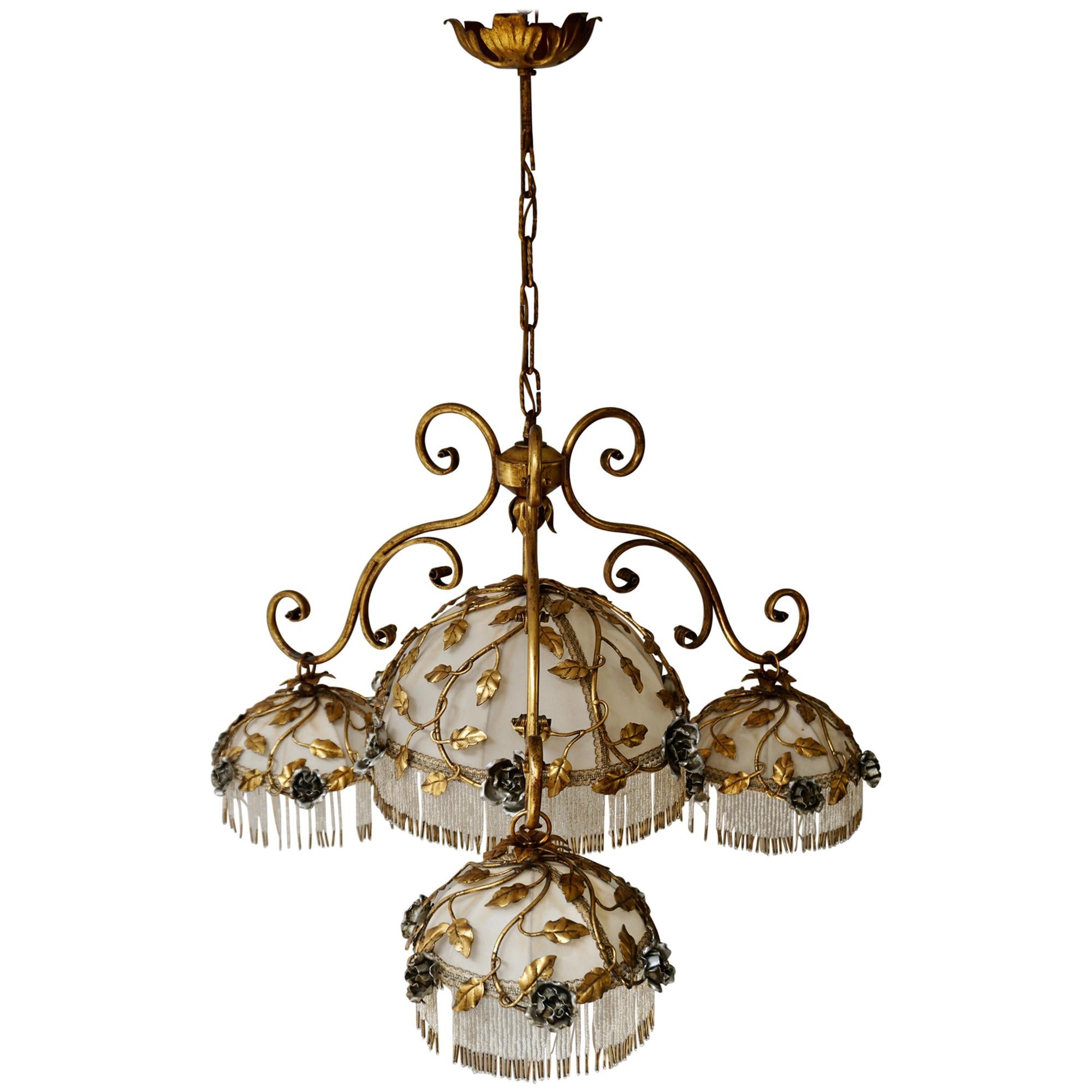 Chandelier with Brass Leaves and Silver Colored Roses For Sale