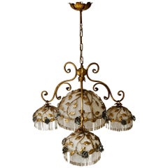 Vintage Chandelier with Brass Leaves and Silver Colored Roses