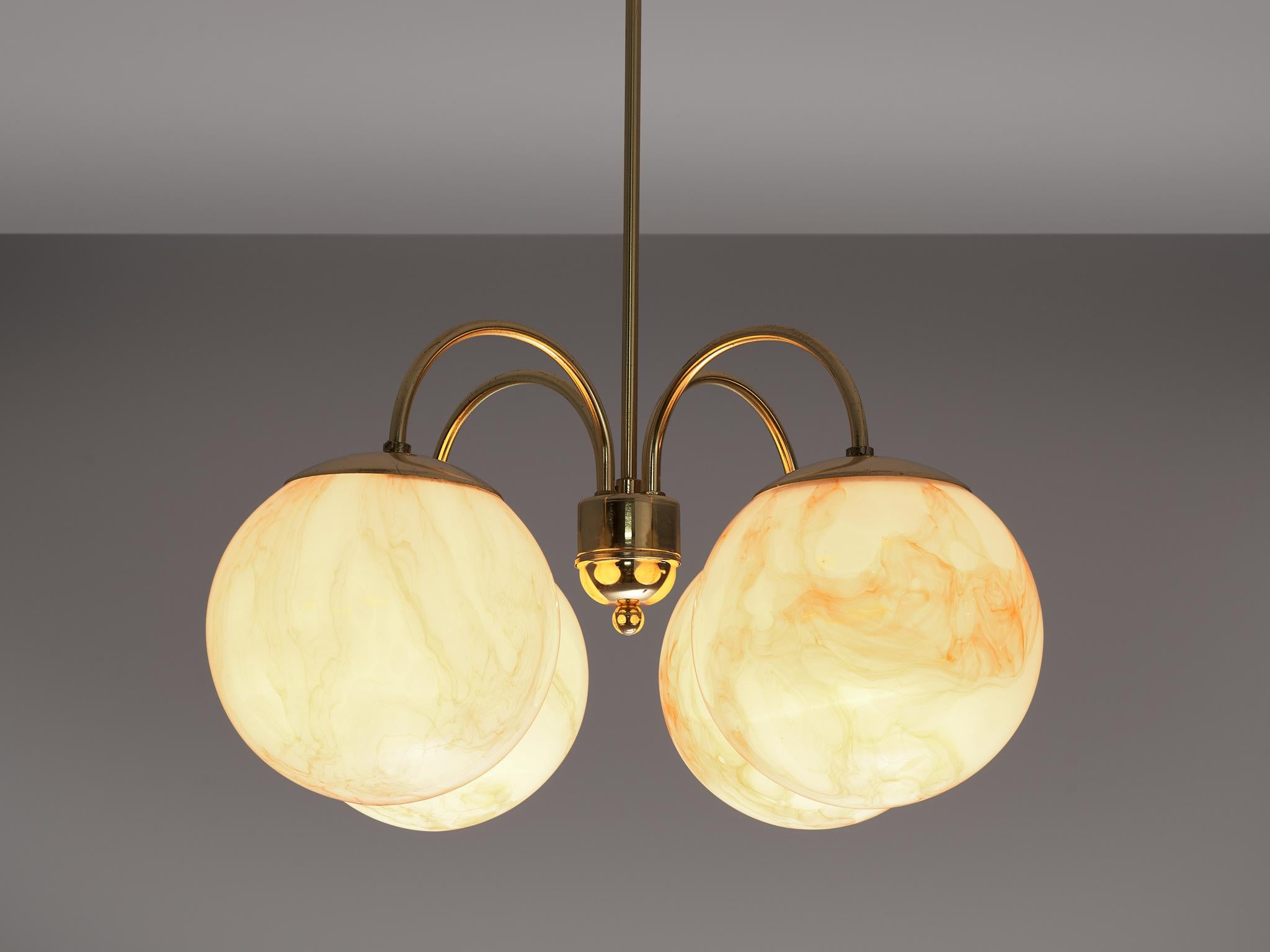 Mid-Century Modern Chandelier with Brown Orange Marbled Glass Spheres and Brass  For Sale