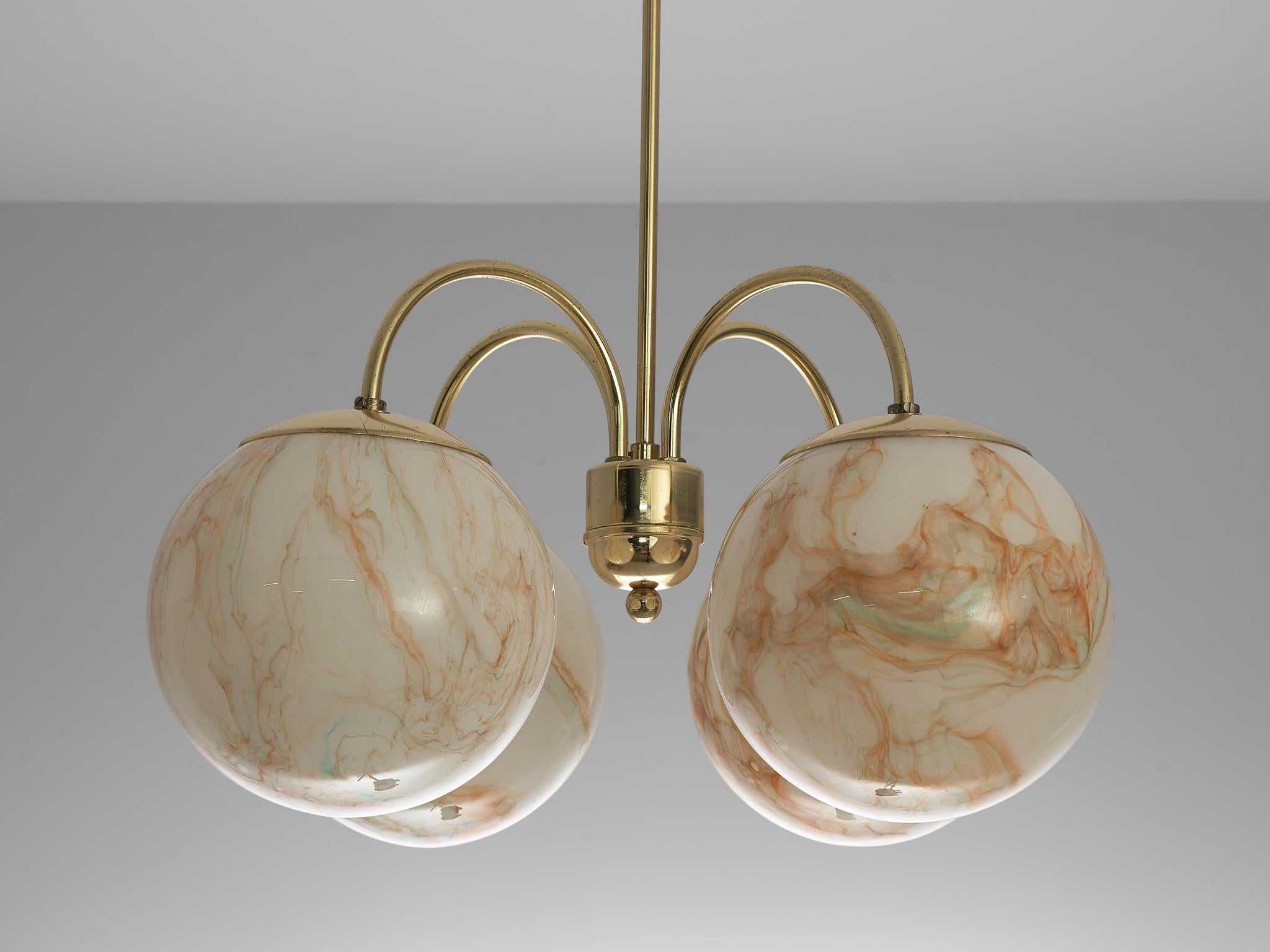 Mid-20th Century Chandelier with Brown Orange Marbled Glass Spheres and Brass  For Sale