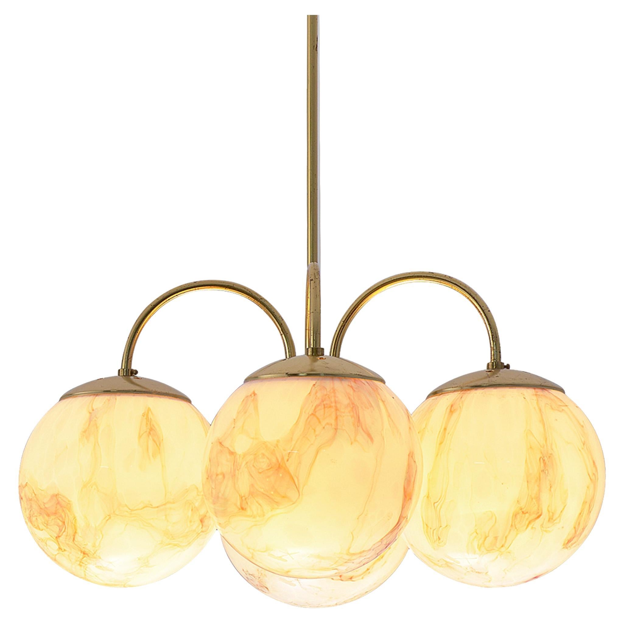 Chandelier with Brown Orange Marbled Glass Spheres and Brass 