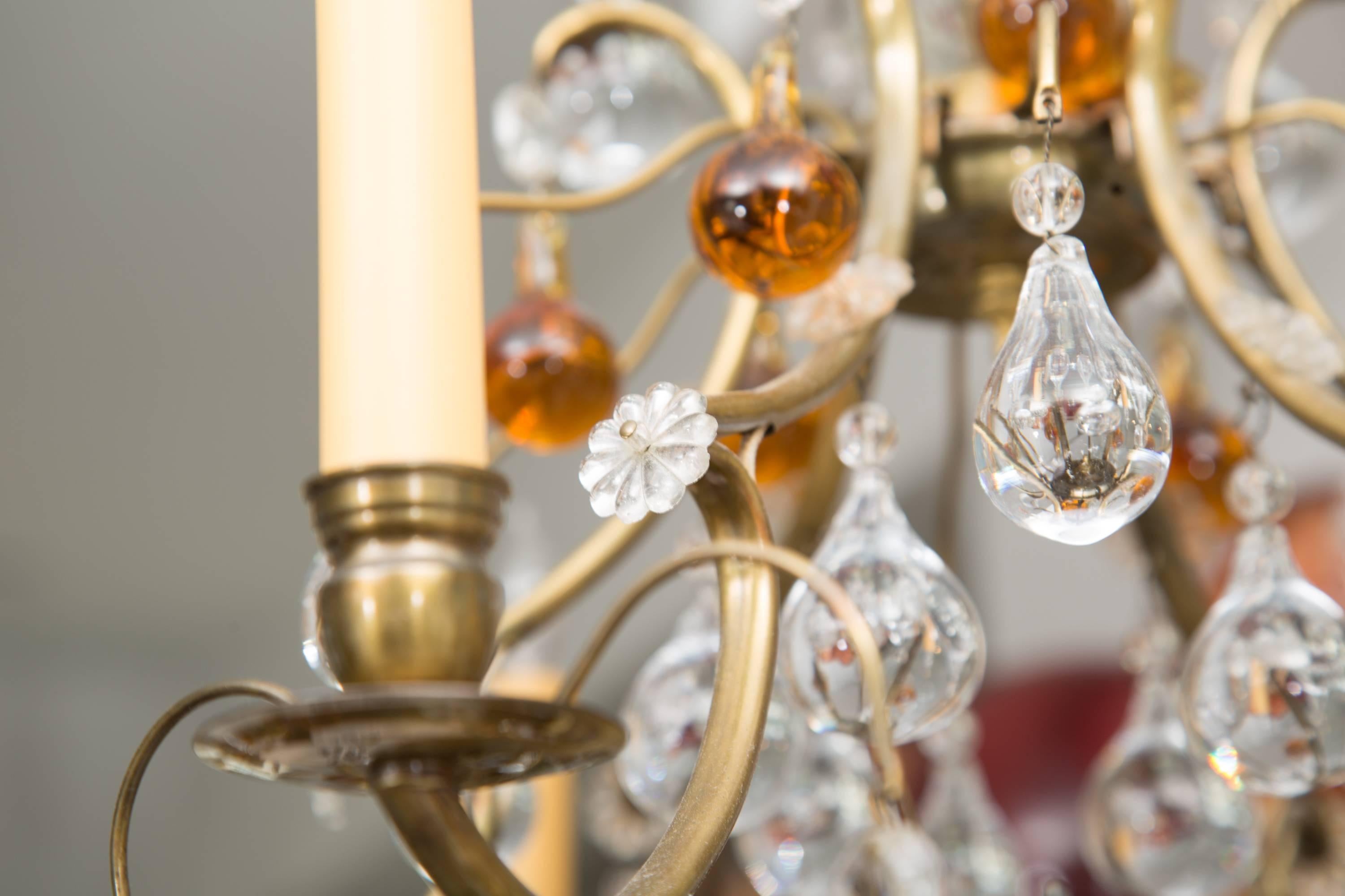 Italian Chandelier with Clear and Amber Drops For Sale