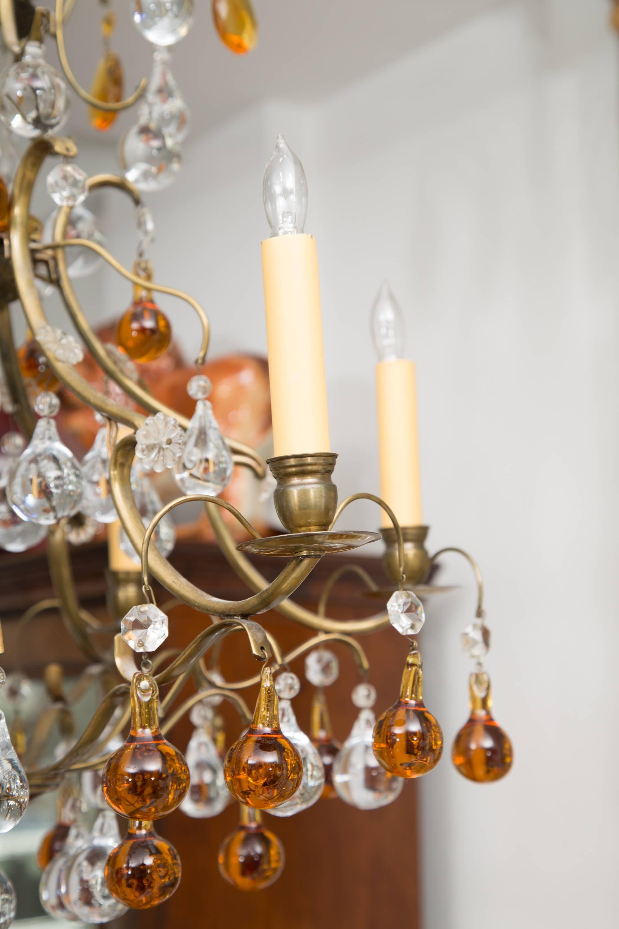 Hand-Crafted Chandelier with Clear and Amber Drops For Sale