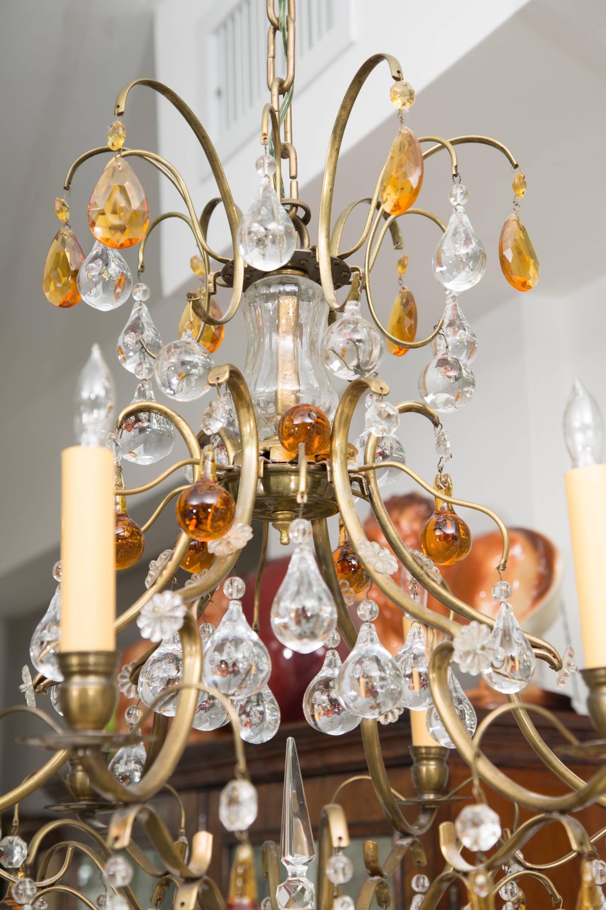 Chandelier with Clear and Amber Drops In Good Condition For Sale In WEST PALM BEACH, FL
