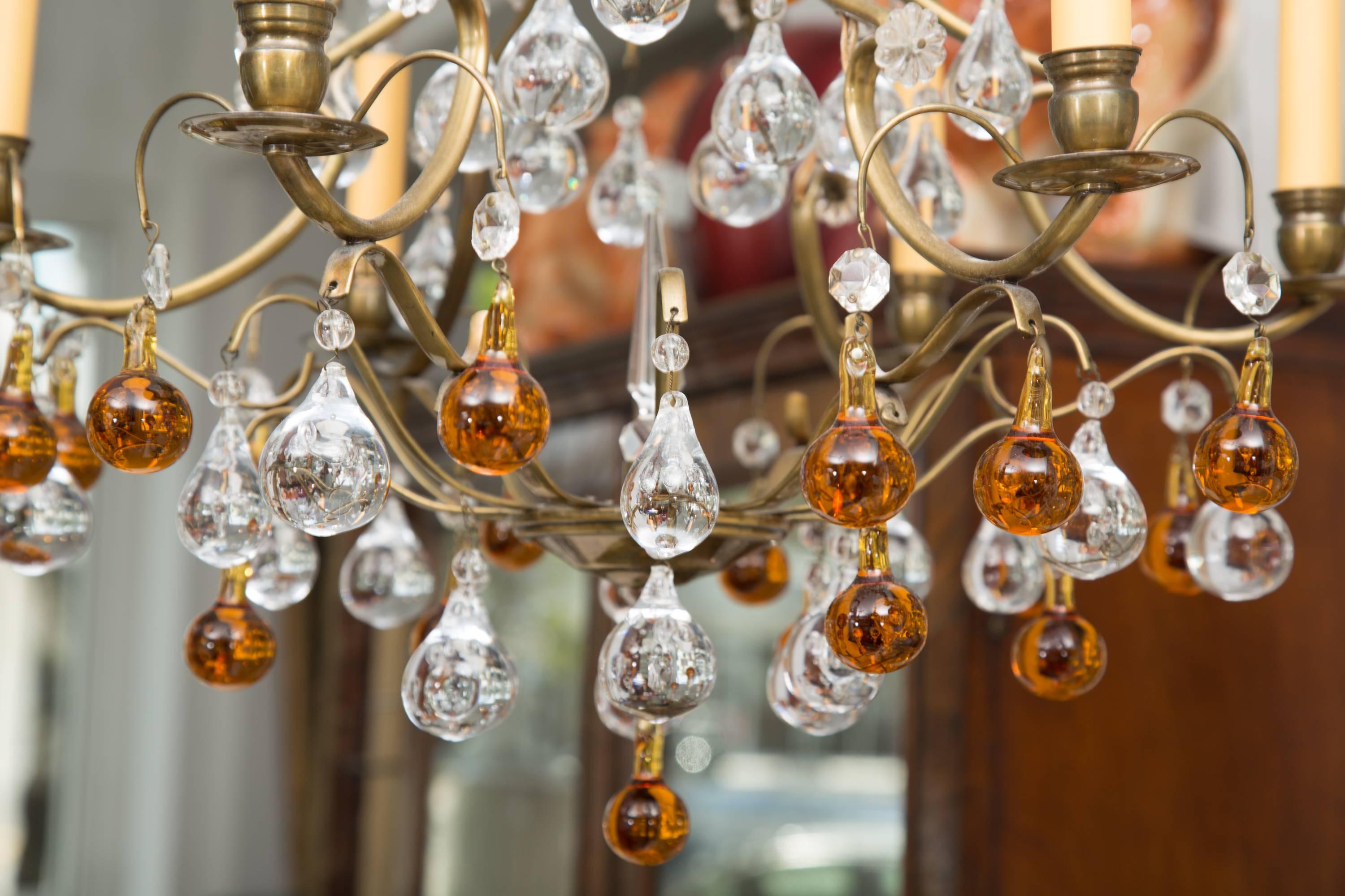 20th Century Chandelier with Clear and Amber Drops For Sale
