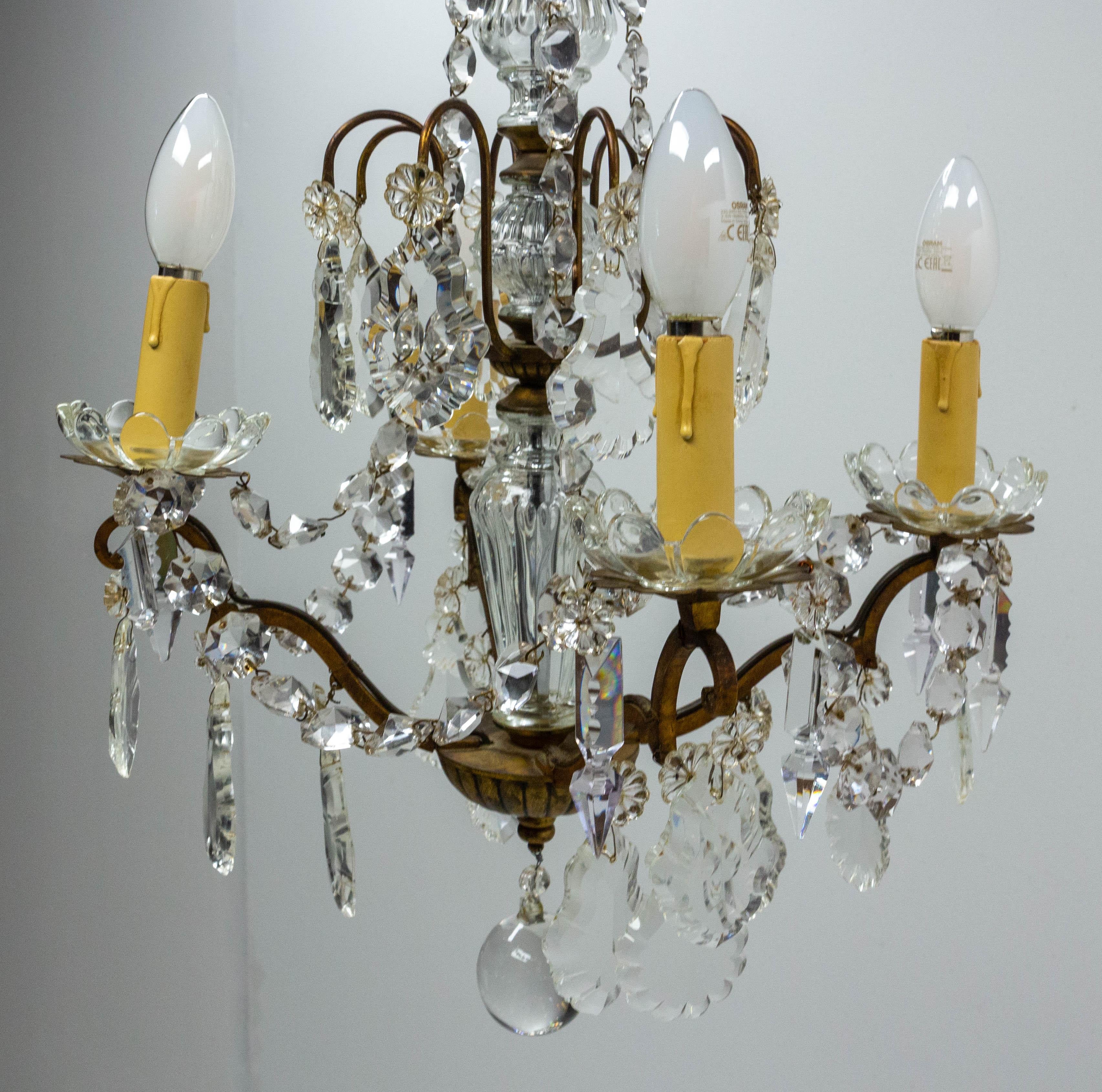 French Chandelier with Crystal Drops and Ball Ceiling Pendant Midcentury, France For Sale