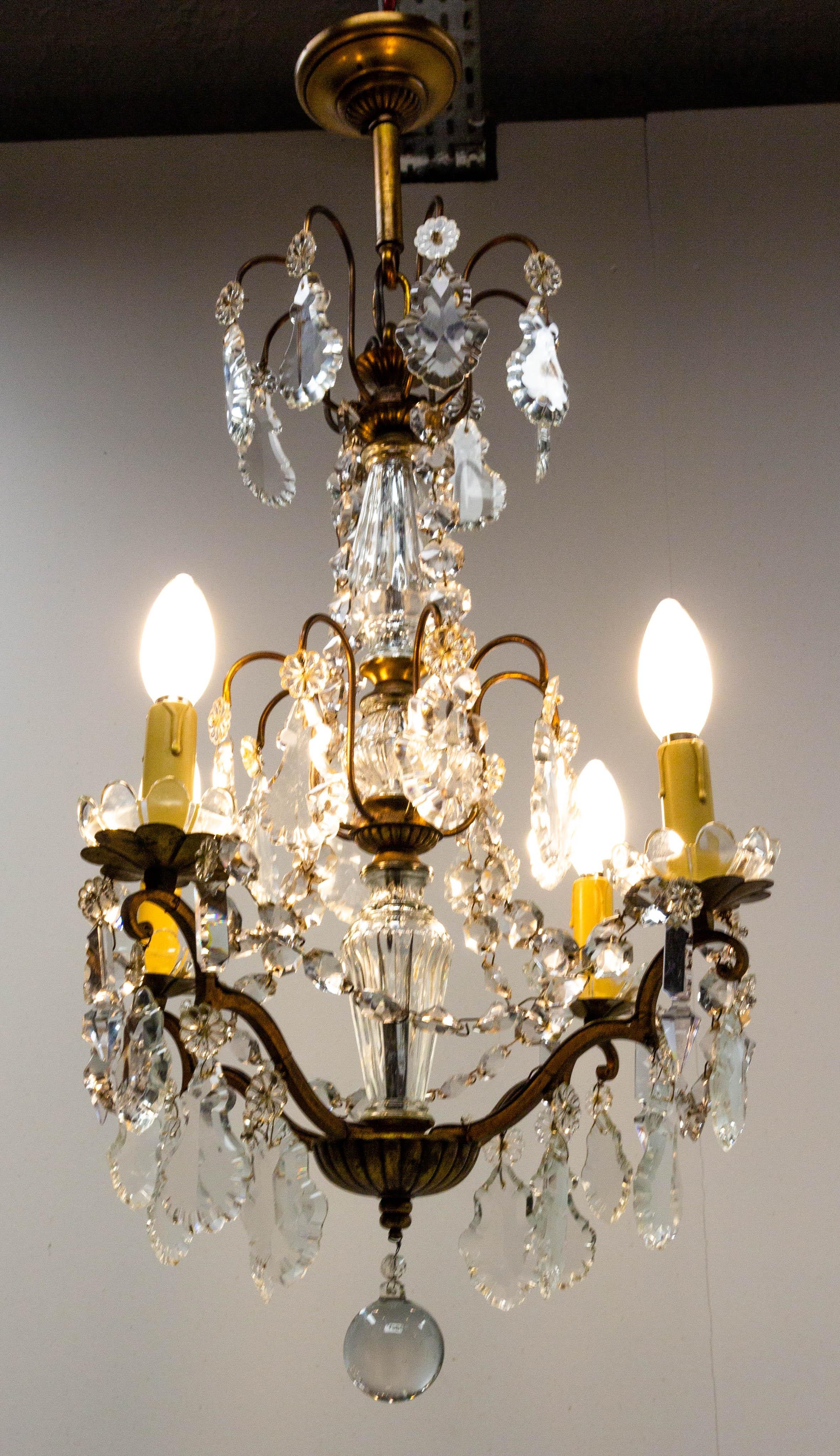 Chandelier with Crystal Drops and Ball Ceiling Pendant Midcentury, France For Sale 1