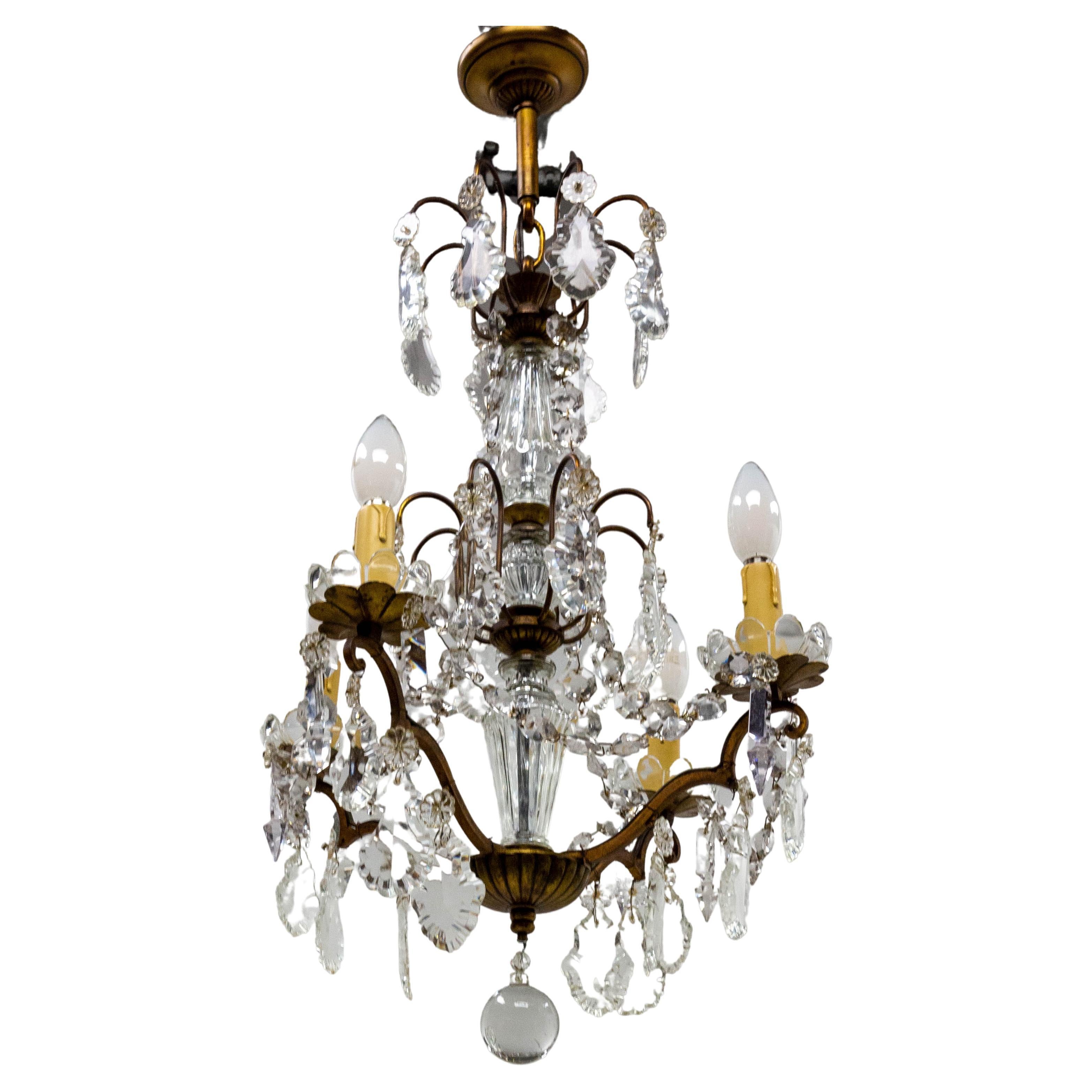 Chandelier with Crystal Drops and Ball Ceiling Pendant Midcentury, France