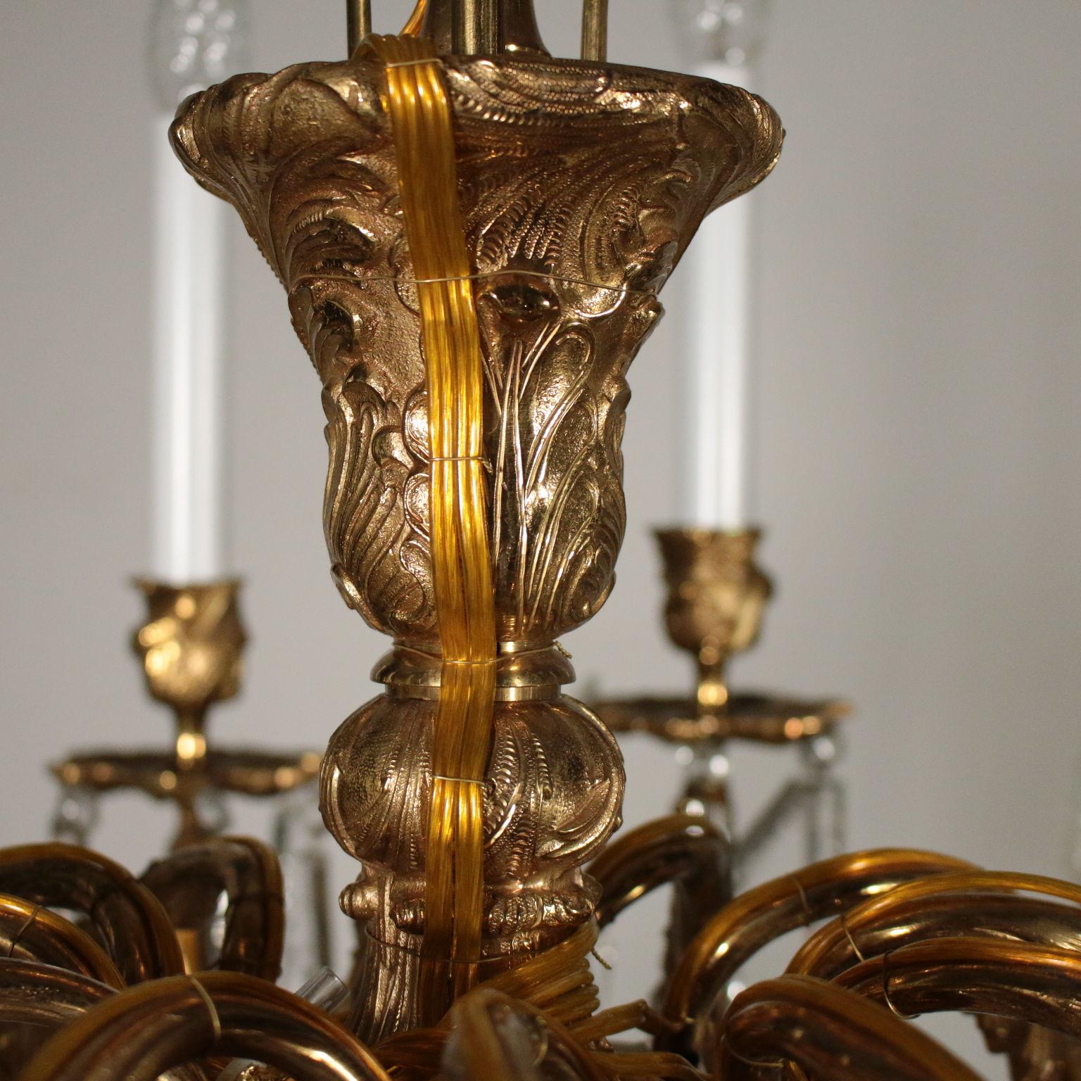 Bronze Chandelier with Crystal Drops, Italy, 20th Century