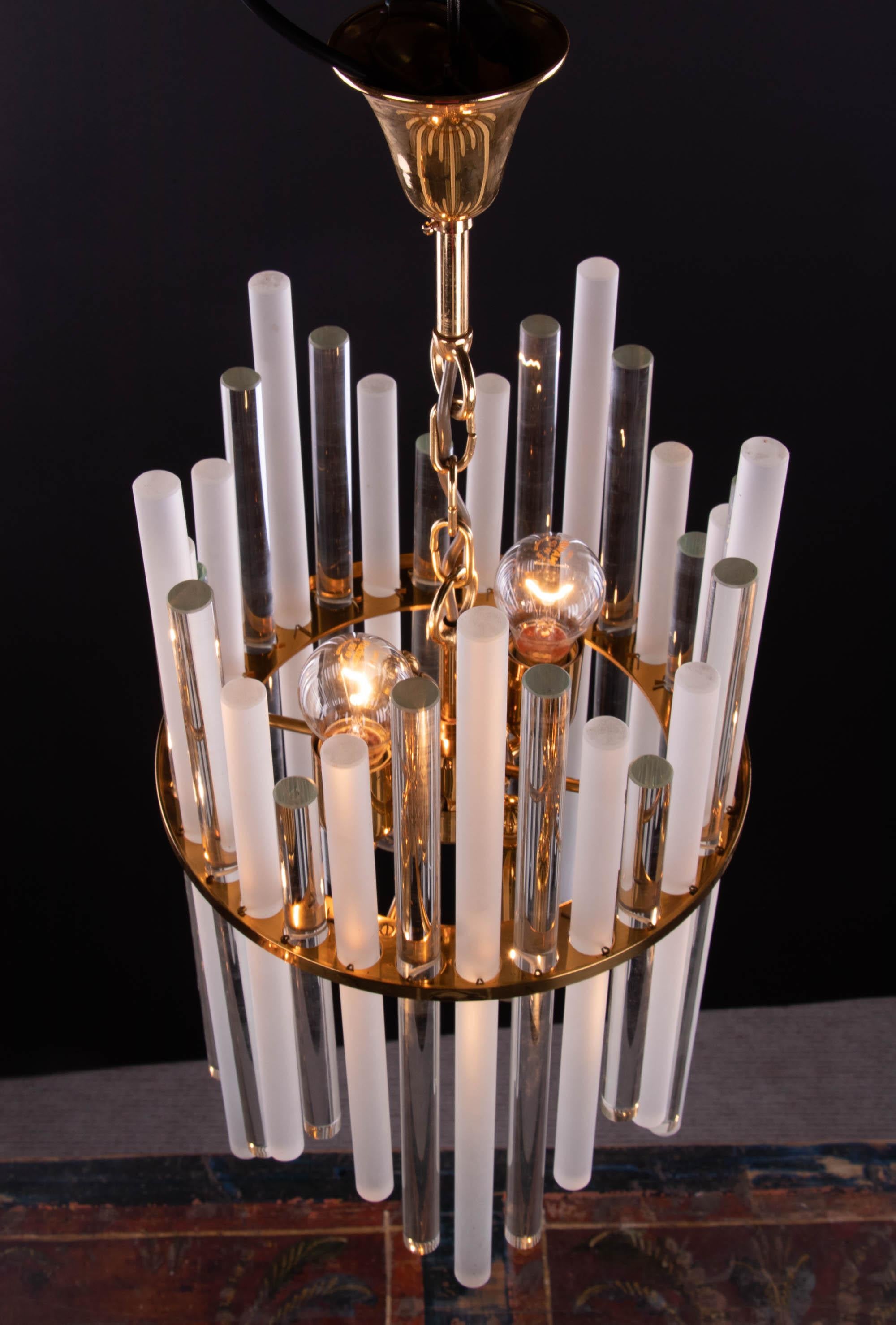 Crystal 1 (of 2) 1960 Germany Palwa Chandelier Glass Rods & Gilt Brass For Sale