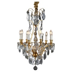 Chandelier with Eight Arms of Lights in Gilded Bronze and Pendants 