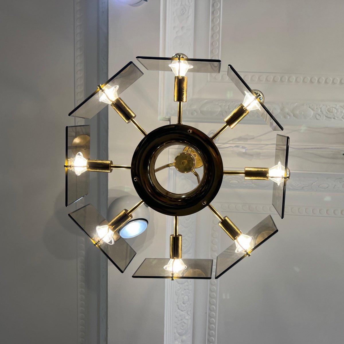 Industrial Chandelier with Eight Lights and Smoked Glass by Gaetano Sciolari