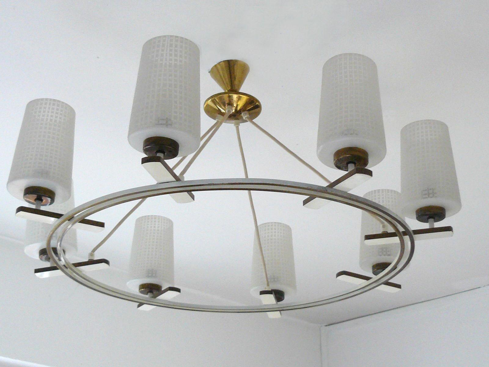 Mid-Century Modern Chandelier with Eight Opaline Shades on Brass Frame, 1950s, Austria