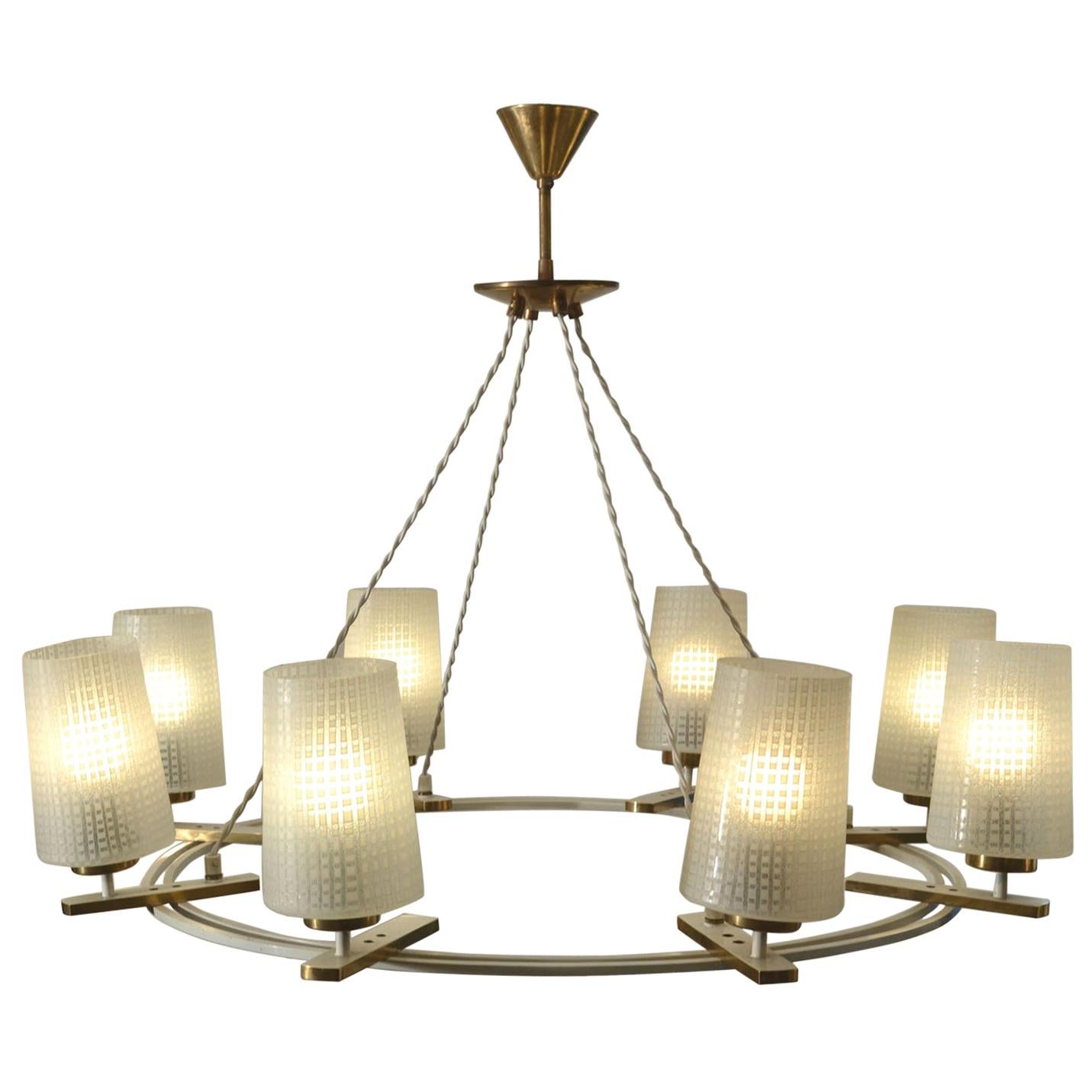 Chandelier with Eight Opaline Shades on Brass Frame, 1950s, Austria