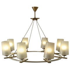 Chandelier with Eight Opaline Shades on Brass Frame, 1950s, Austria