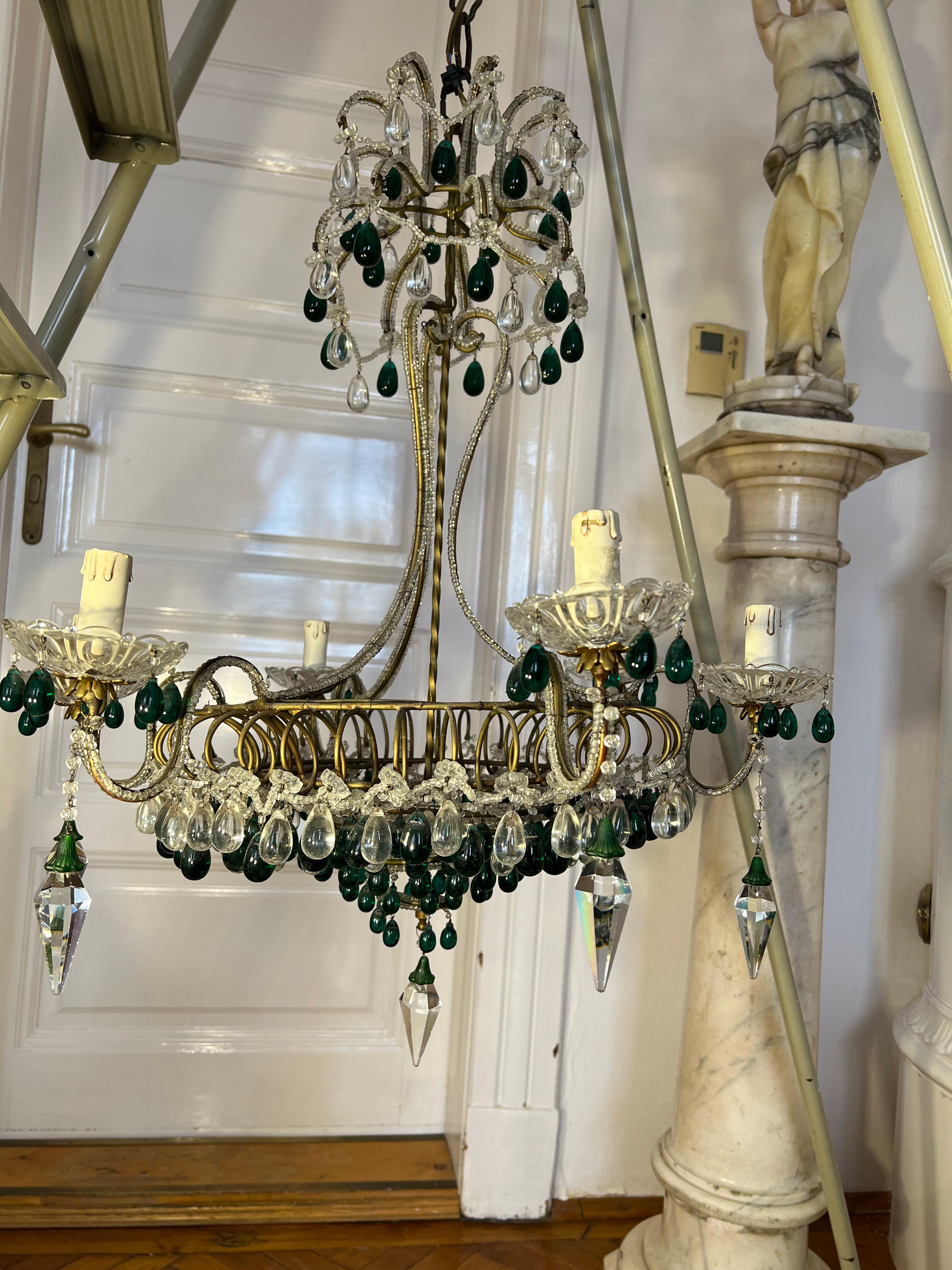 Chandelier with Emerald Drops, Murano, 1950 For Sale 4