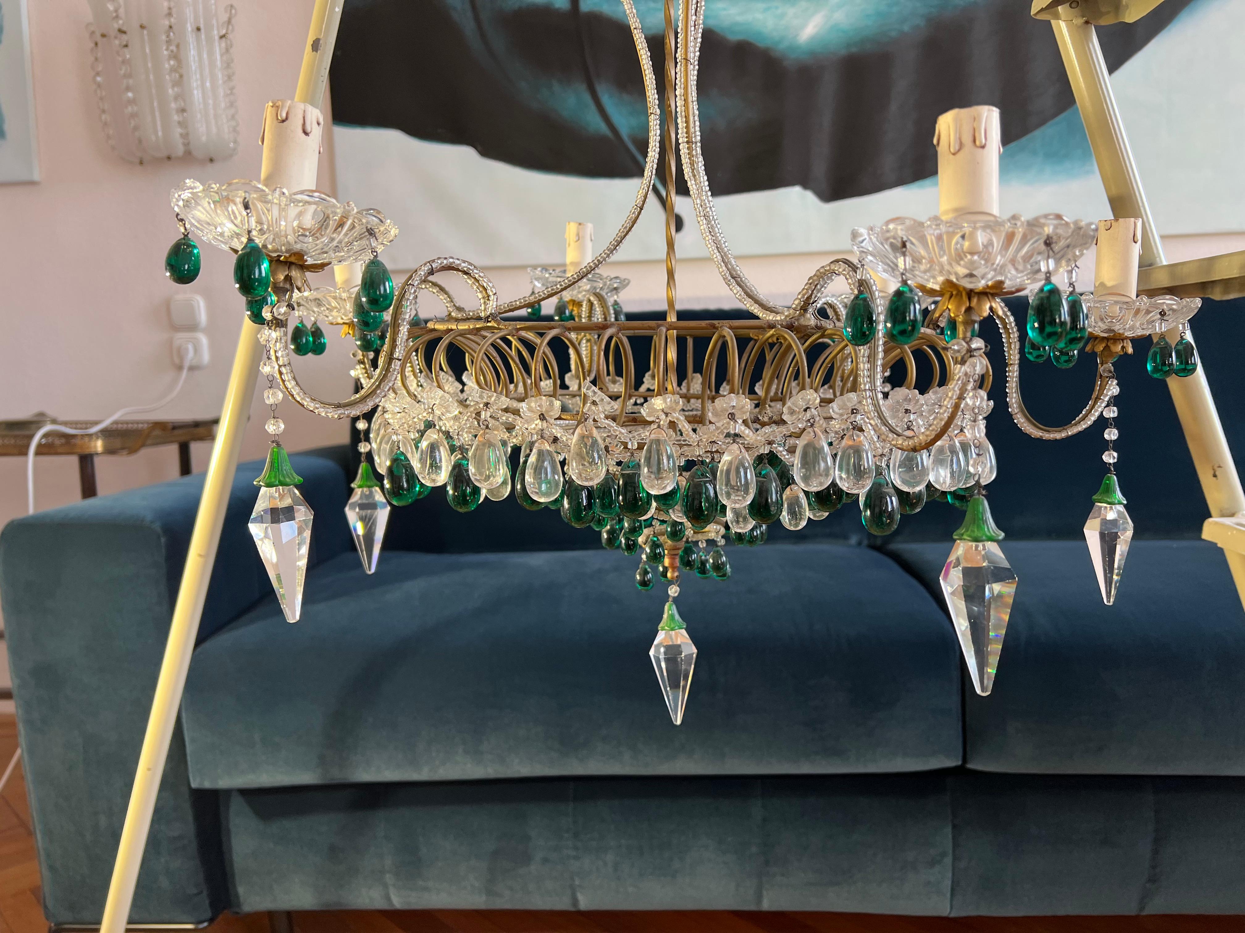 Chandelier with Emerald Drops, Murano, 1950 For Sale 5