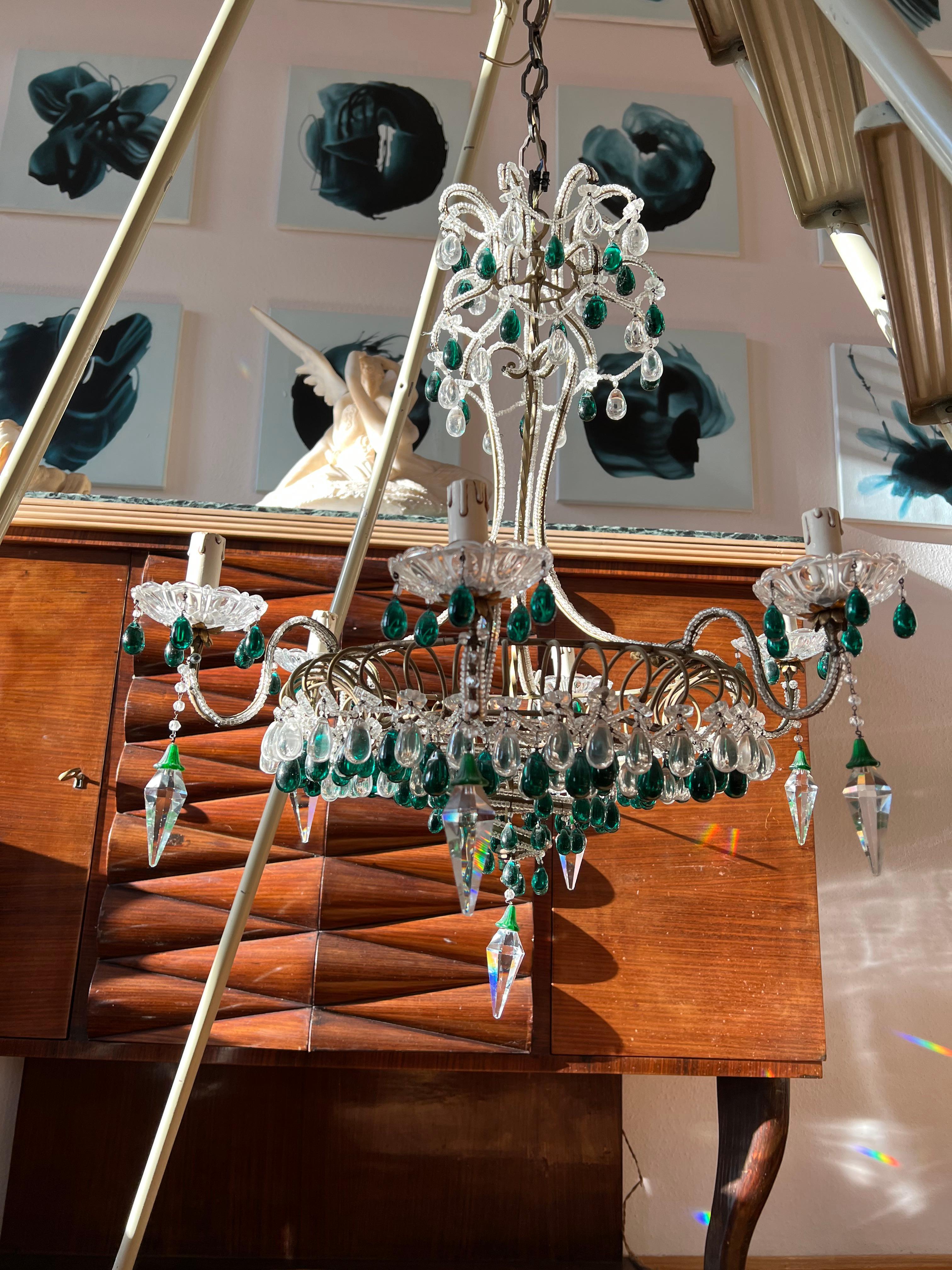 Chandelier with Emerald Drops, Murano, 1950 For Sale 6