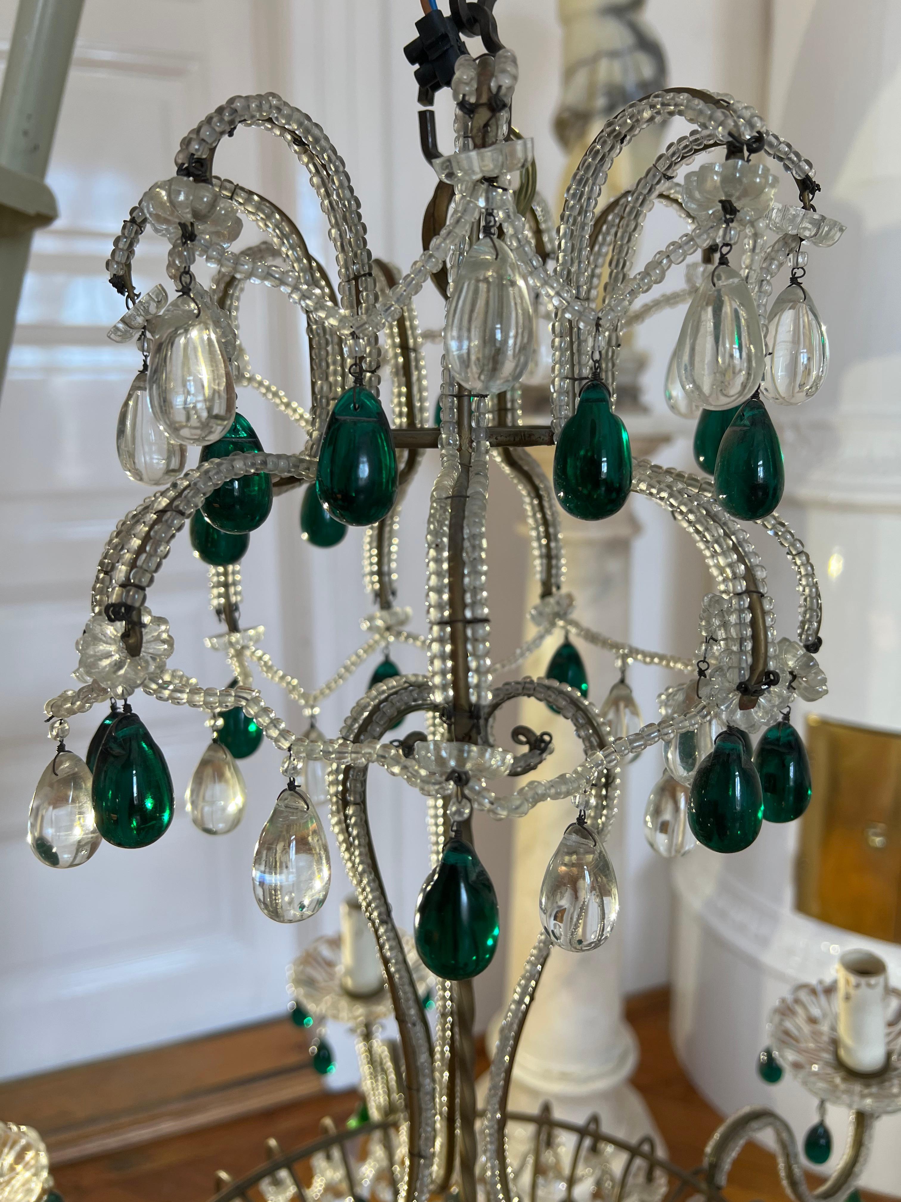 Chandelier with Emerald Drops, Murano, 1950 For Sale 7