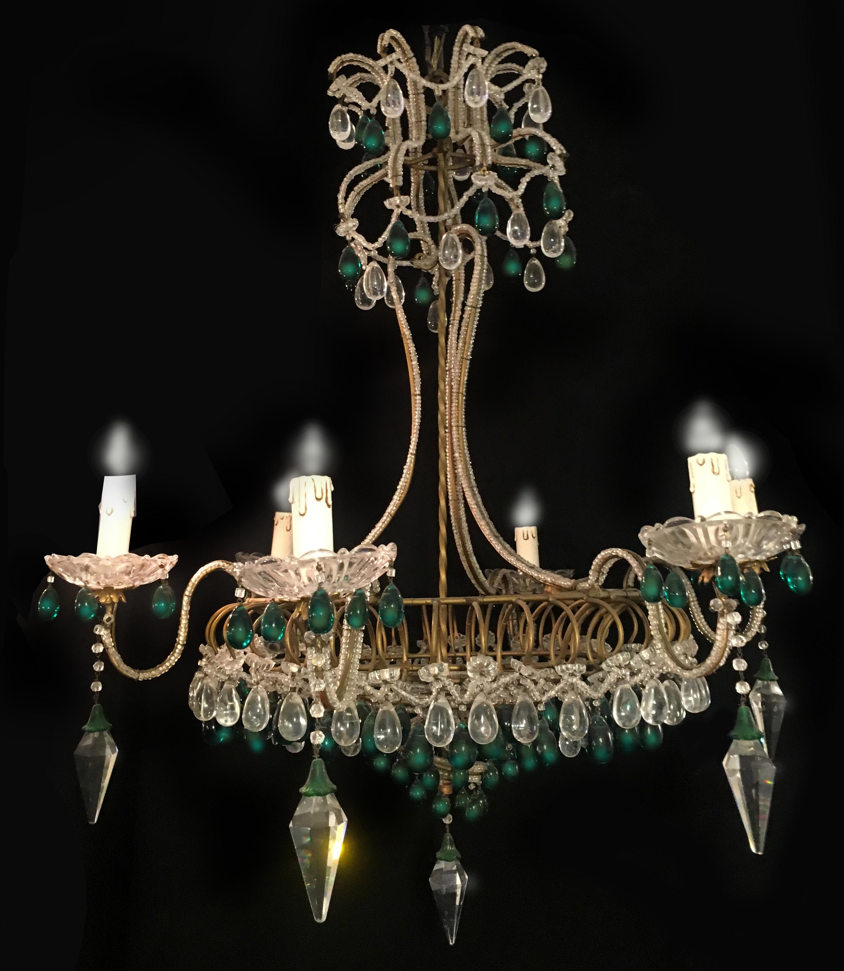 Italian Chandelier with Emerald Drops, Murano, 1950 For Sale
