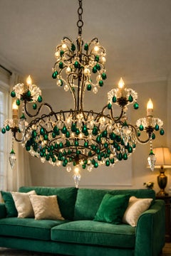 Lampadario con gocce di smeraldo, Murano, 1950