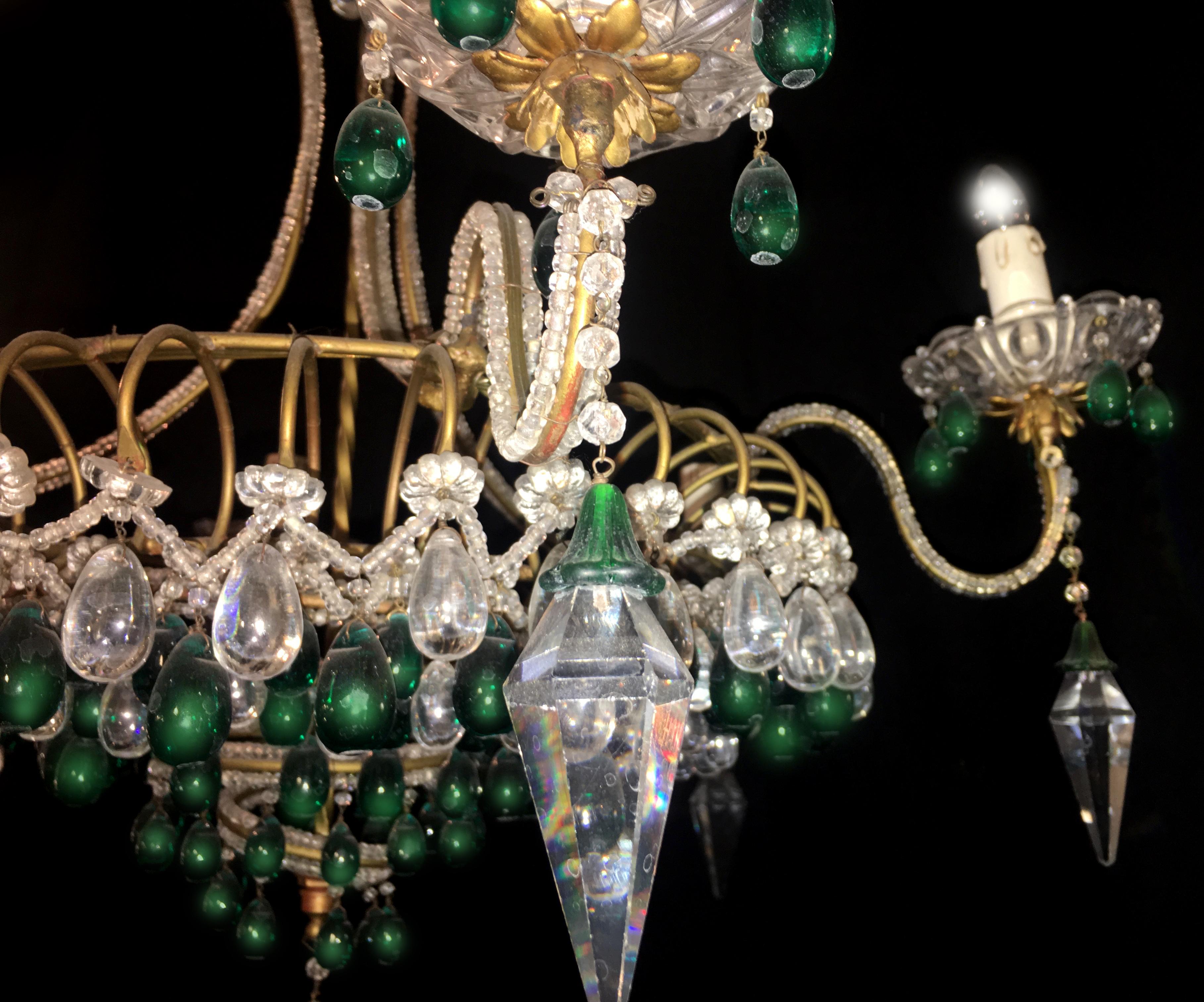 Araña con gotas de esmeralda, Murano, 1950 en Excelente estado para la venta en Budapest, HU