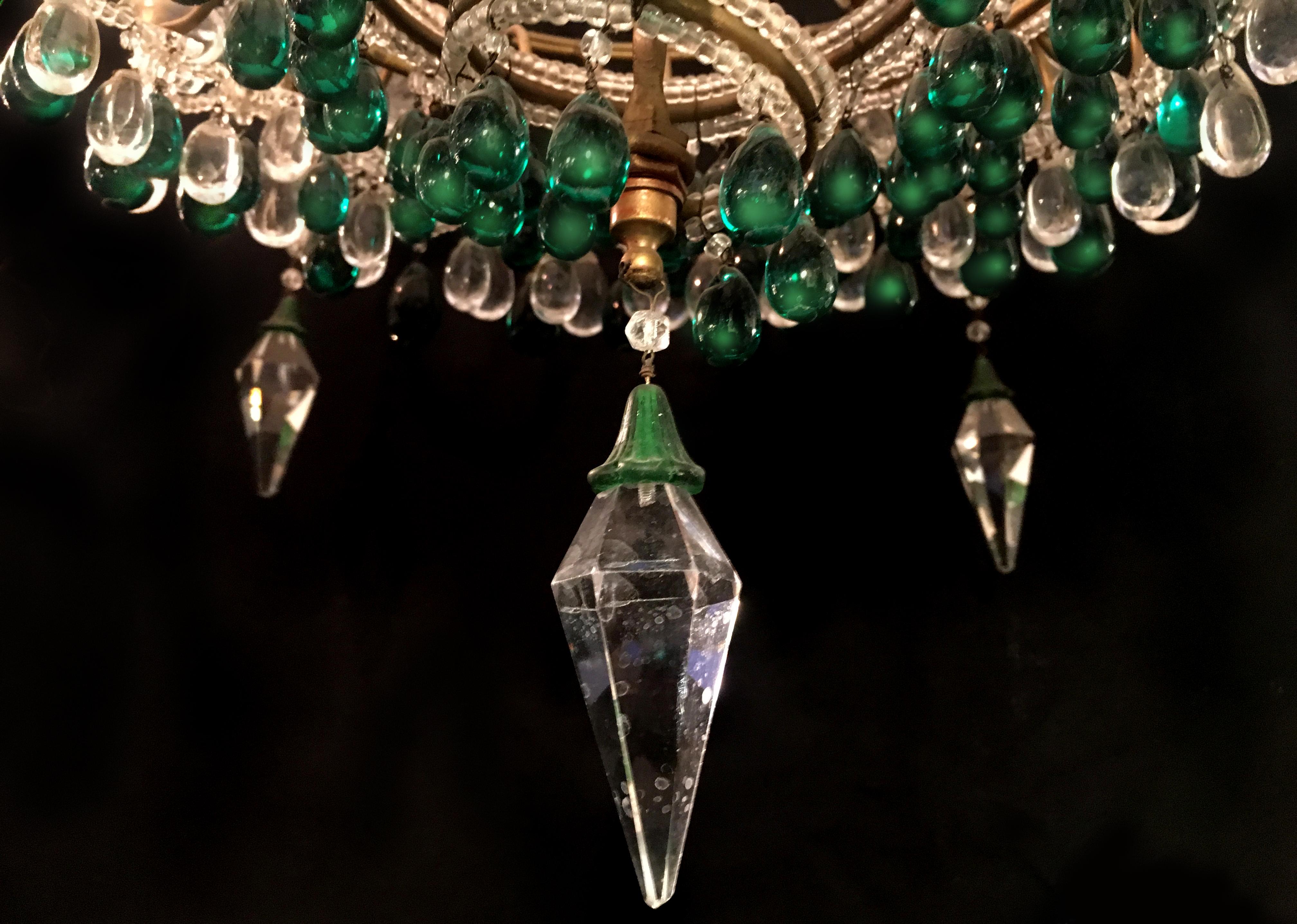 20th Century Chandelier with Emerald Drops, Murano, 1950 For Sale