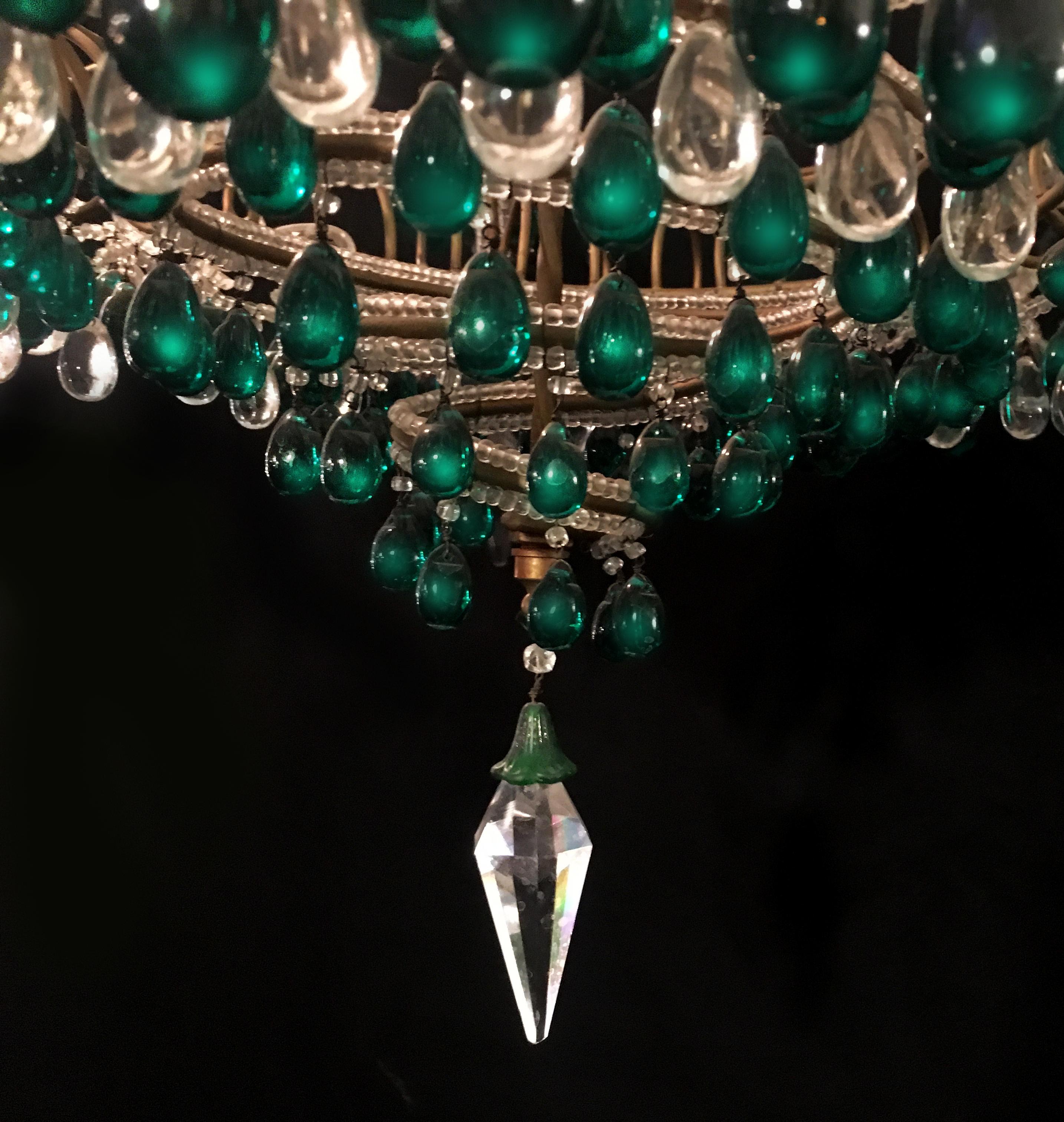 Metal Chandelier with Emerald Drops, Murano, 1950 For Sale