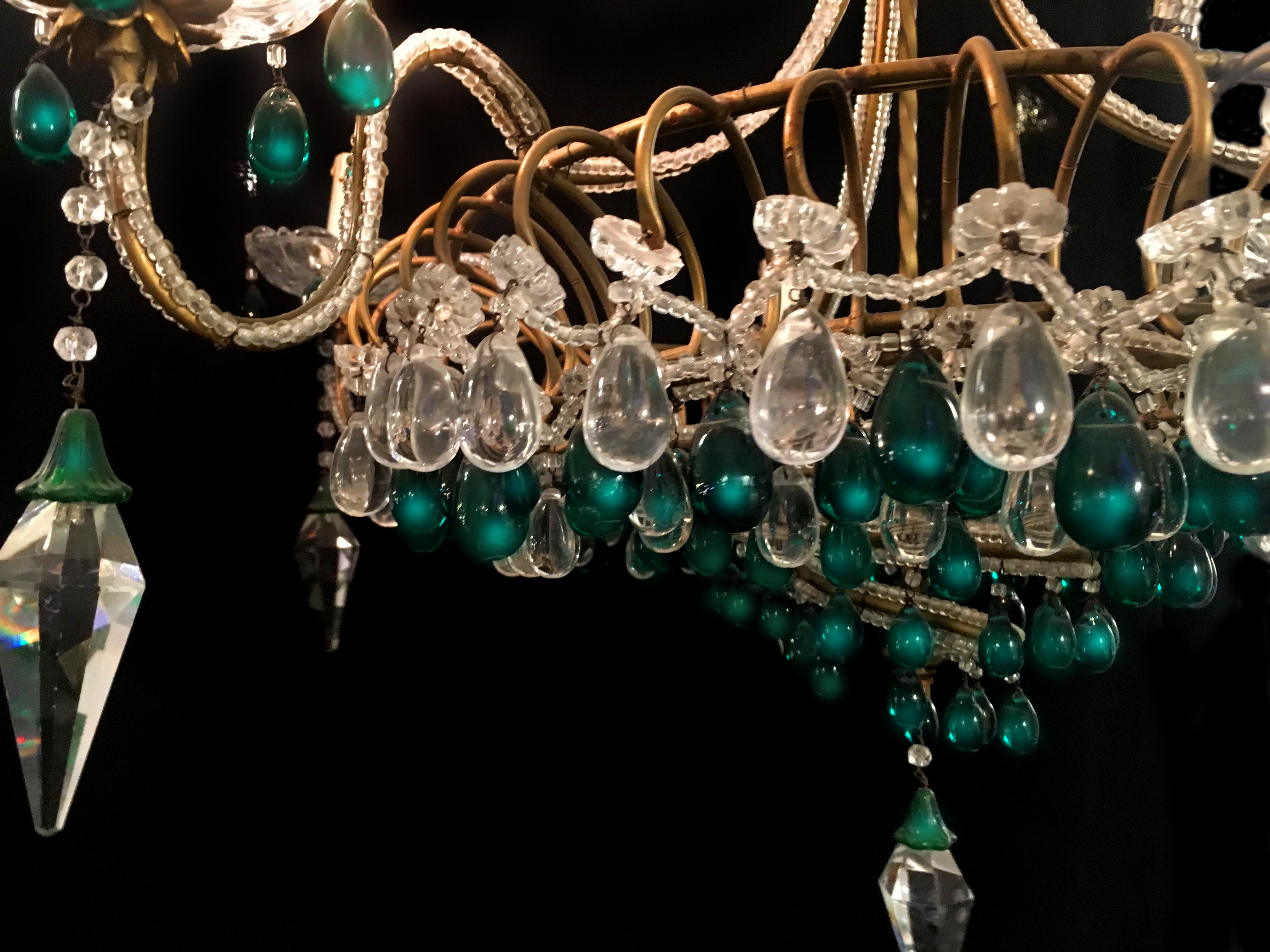 Chandelier with Emerald Drops, Murano, 1950 For Sale 1
