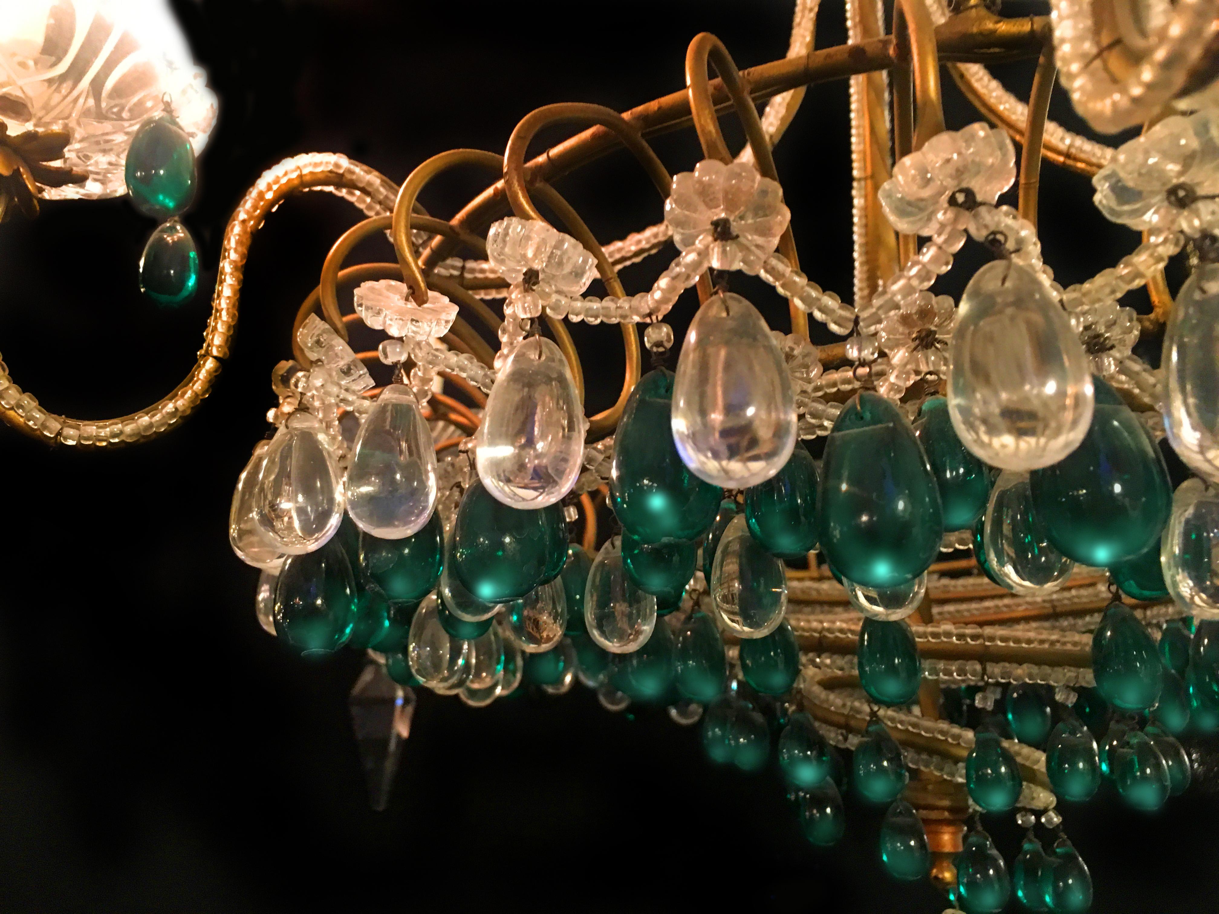 Chandelier with Emerald Drops, Murano, 1950 For Sale 2