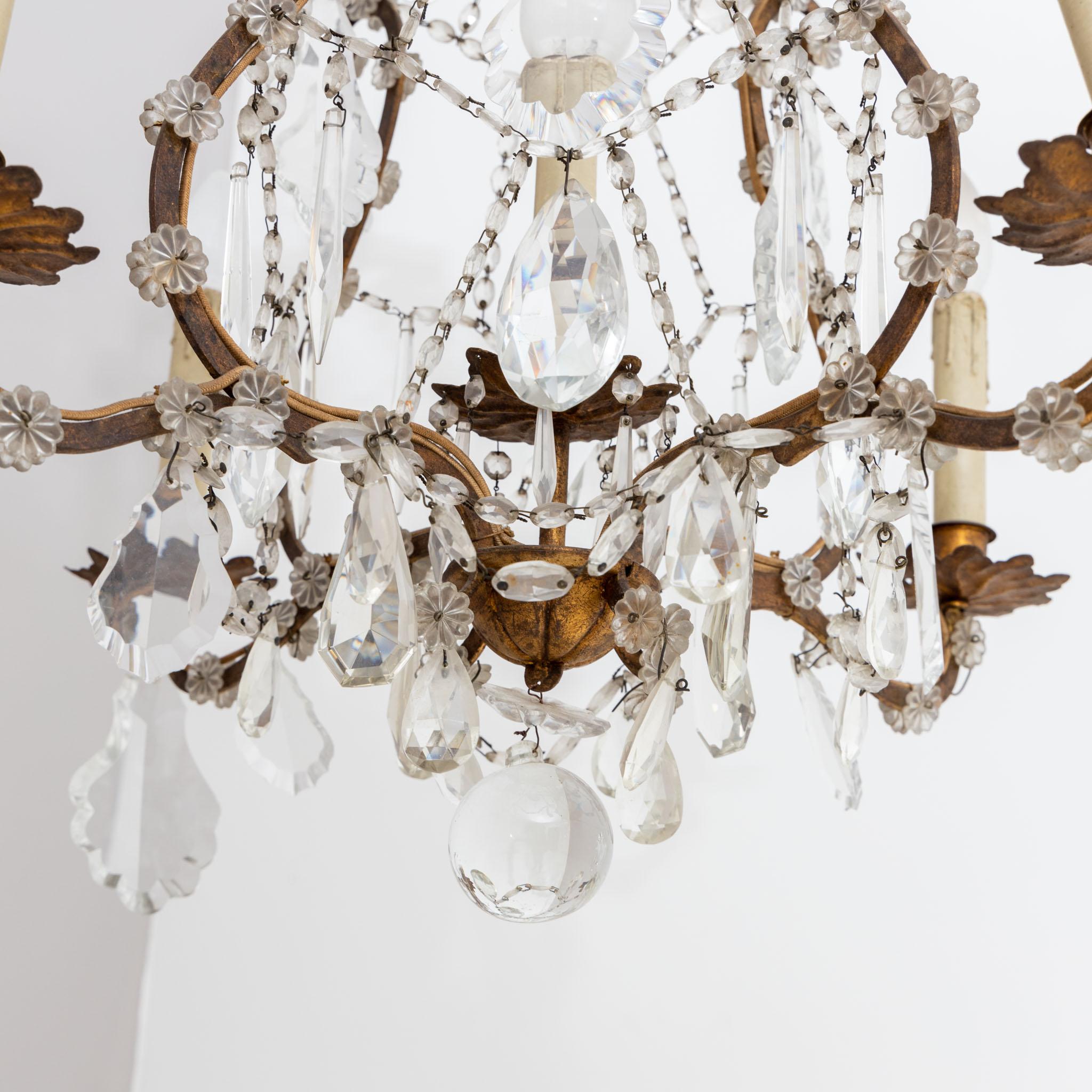 Brass Chandelier with five Sockets and Glass Prisms, 1st Half 20th Century For Sale