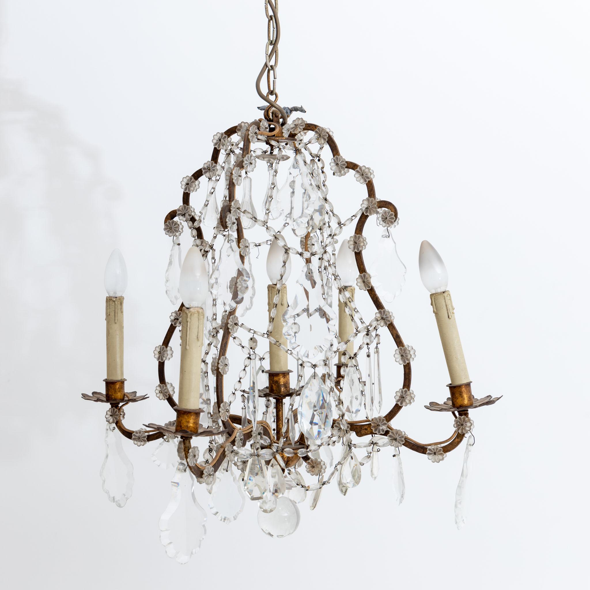 Chandelier with five Sockets and Glass Prisms, 1st Half 20th Century For Sale 2