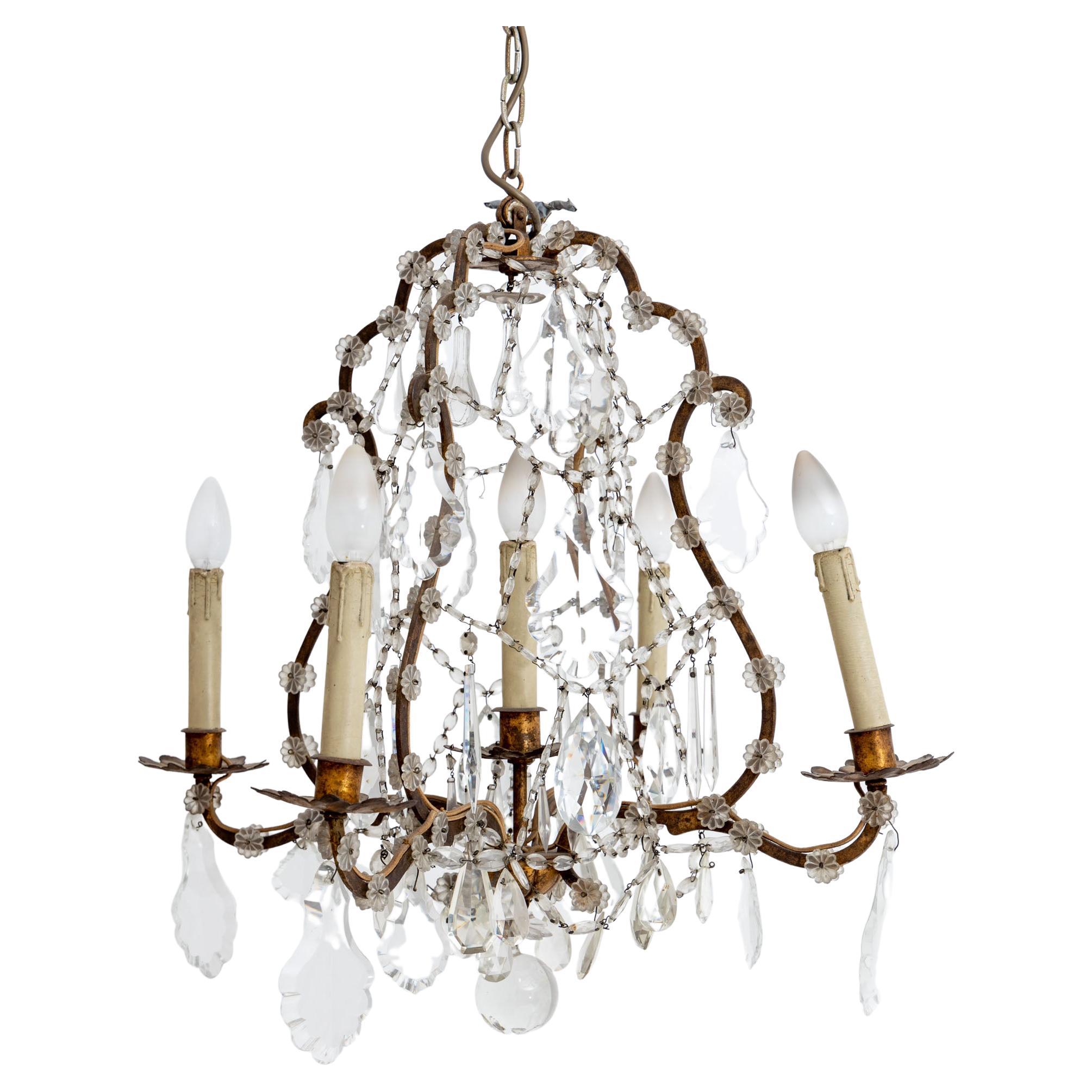 Chandelier with five Sockets and Glass Prisms, 1st Half 20th Century For Sale