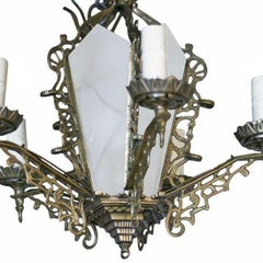 Art Deco Slat Glass Brass Dining Room Chandelier w/ Geometric Details