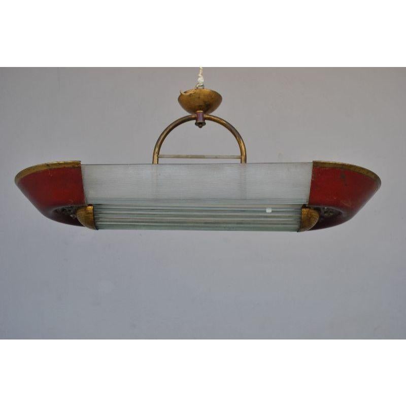 Lacquered Chandelier with Glass Rods and Red Lacquer, 1950s For Sale