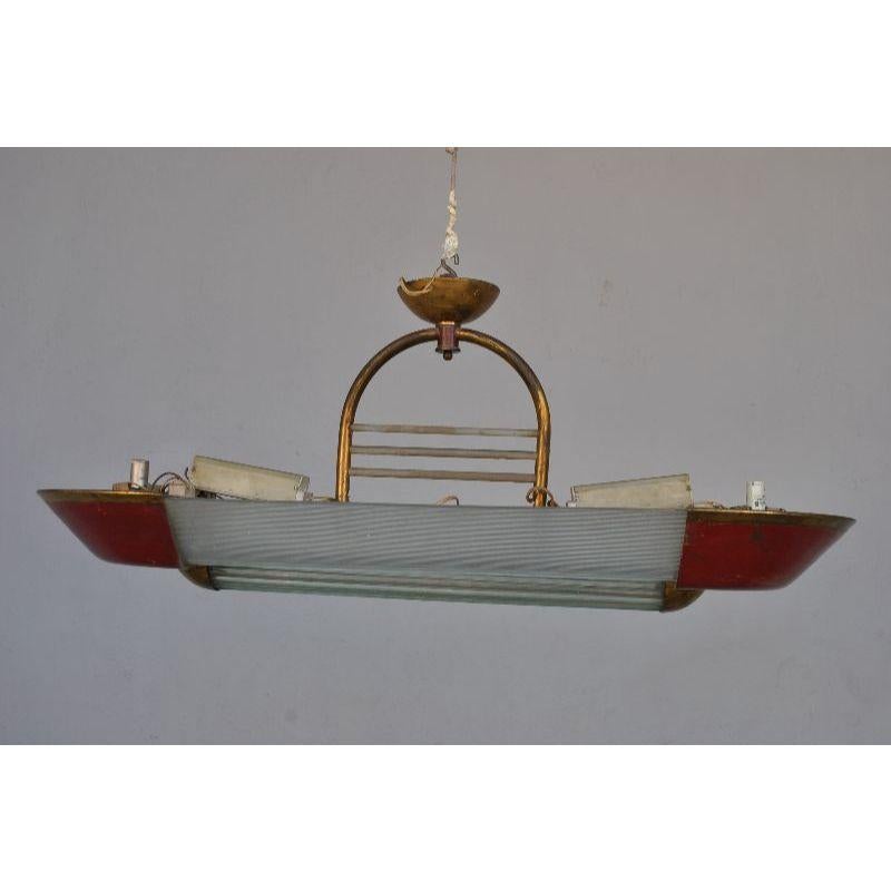 20th Century Chandelier with Glass Rods and Red Lacquer, 1950s For Sale