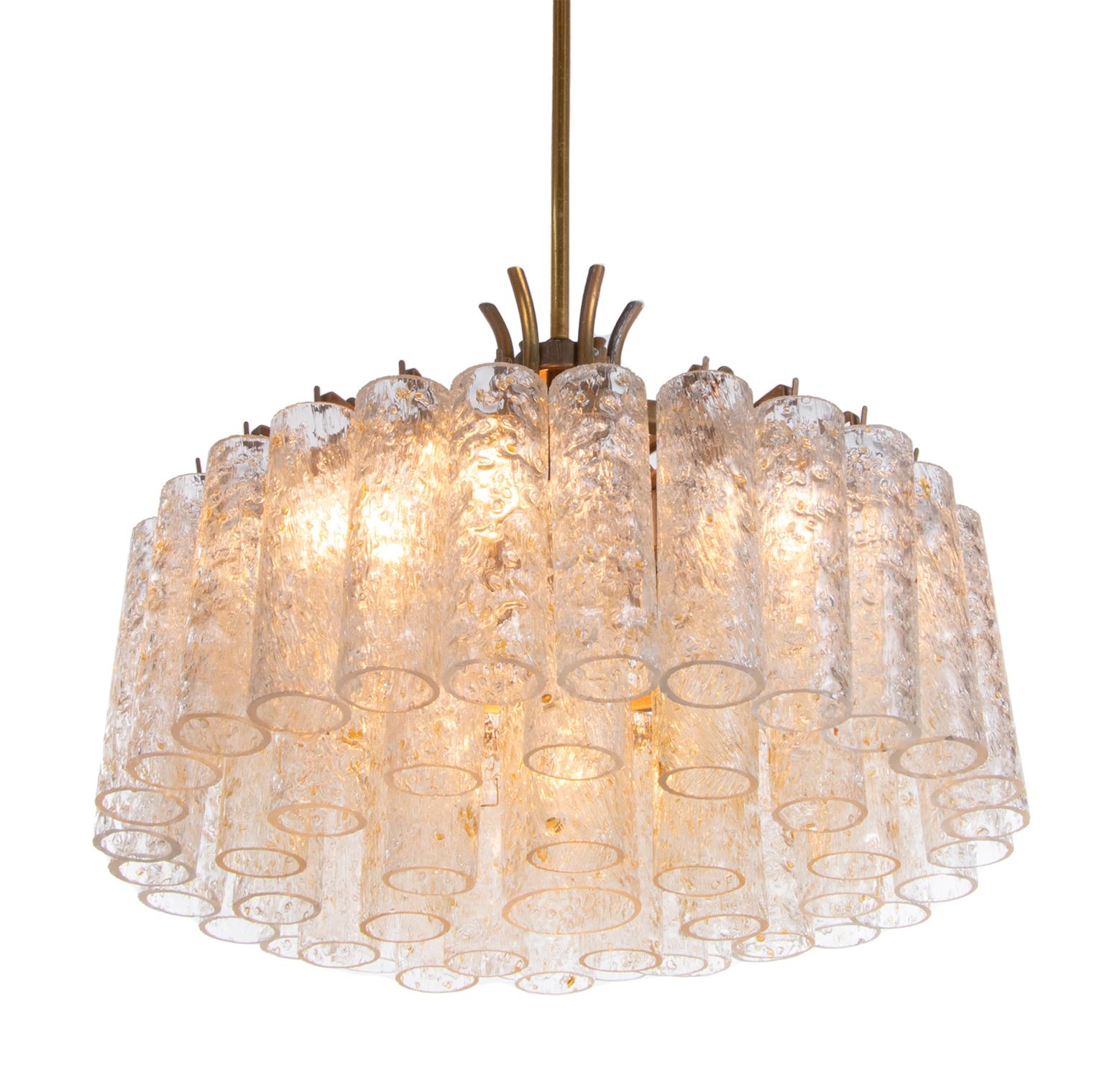 Chandelier with Gold Flaked Murano Glass Tubes & Brass by Doria, Germany, 1960s For Sale 7
