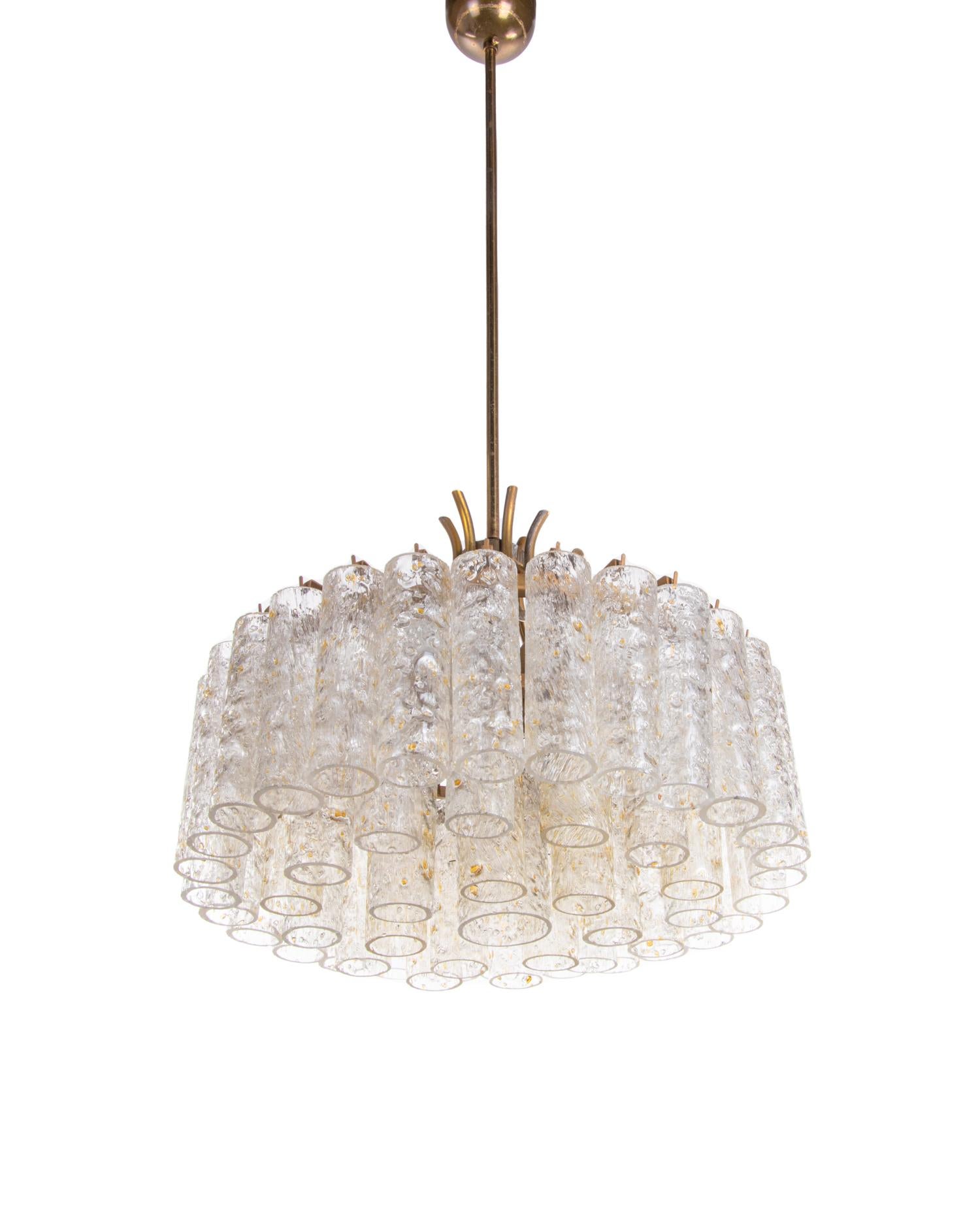 Mid-Century Modern Chandelier with Gold Flaked Murano Glass Tubes & Brass by Doria, Germany, 1960s For Sale