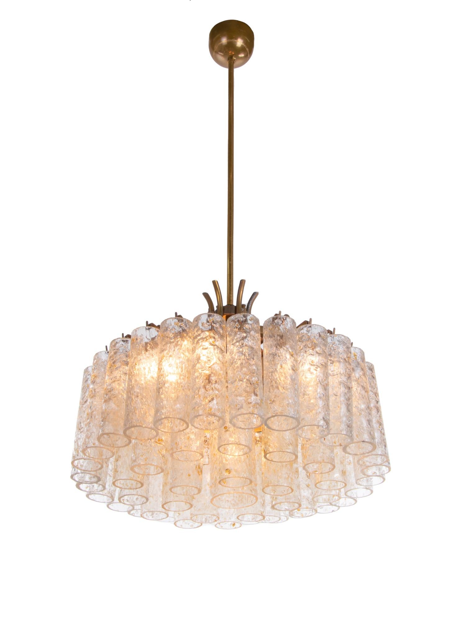 Mid-20th Century Chandelier with Gold Flaked Murano Glass Tubes & Brass by Doria, Germany, 1960s For Sale
