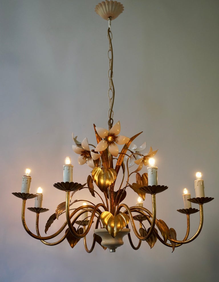 Hollywood Regency Chandelier with Golden Leaves and White Flowers
