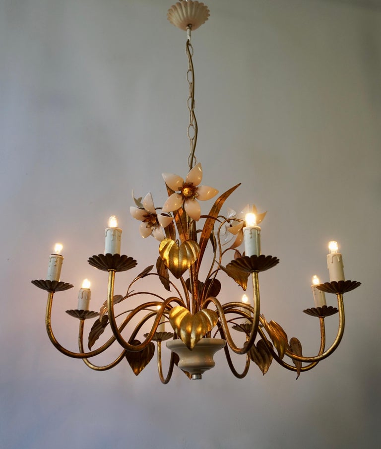 Italian Chandelier with Golden Leaves and White Flowers