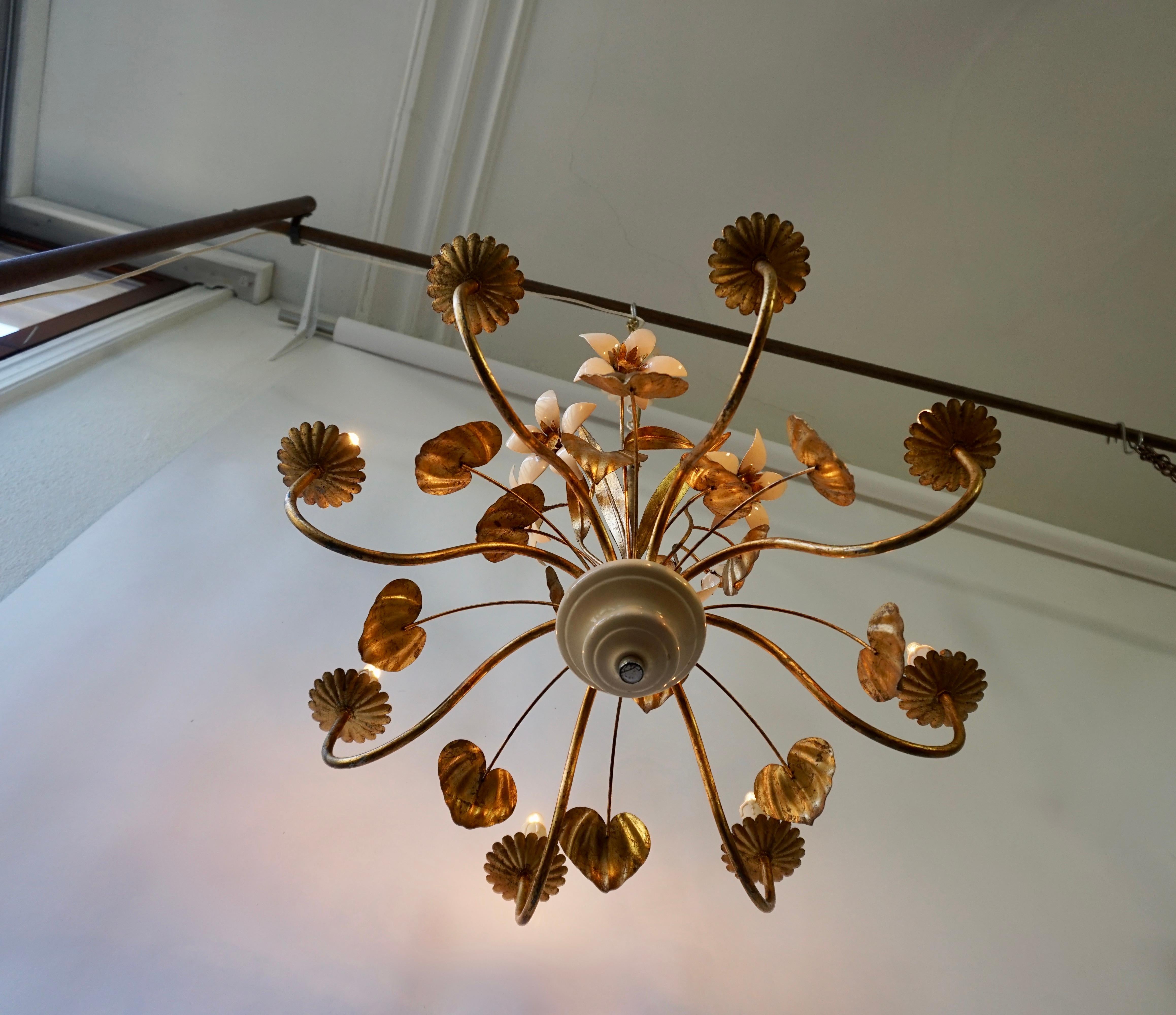 Hollywood Regency Chandelier with Golden Leaves and White Flowers For Sale