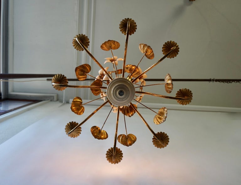 Brass Chandelier with Golden Leaves and White Flowers