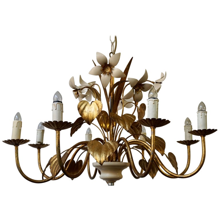 Golden Leaves And White Flowers, Chandelier With Flowers And Leaves