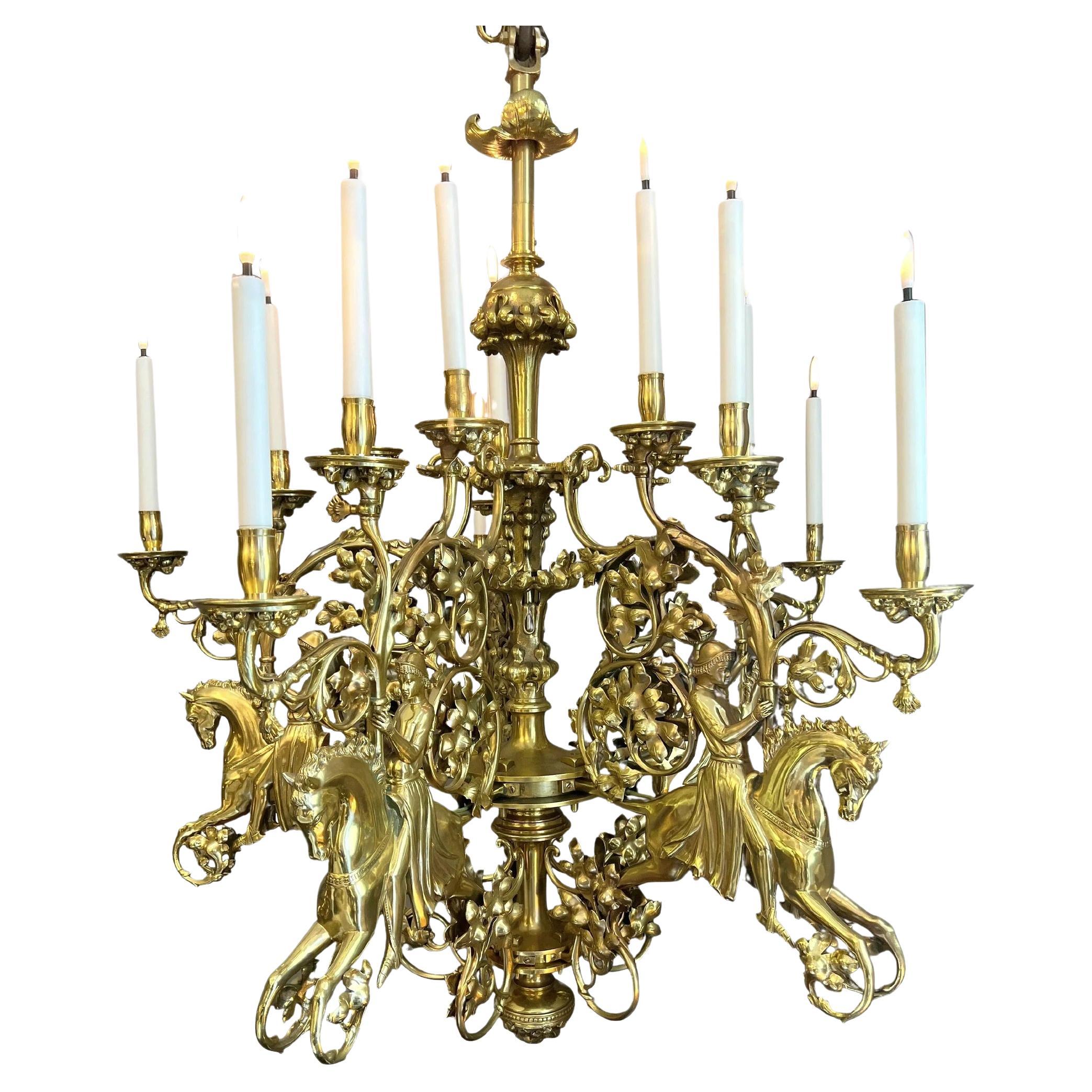 Chandelier with knights, in the style of E. Viollet-le-Duc, France, circa 1880