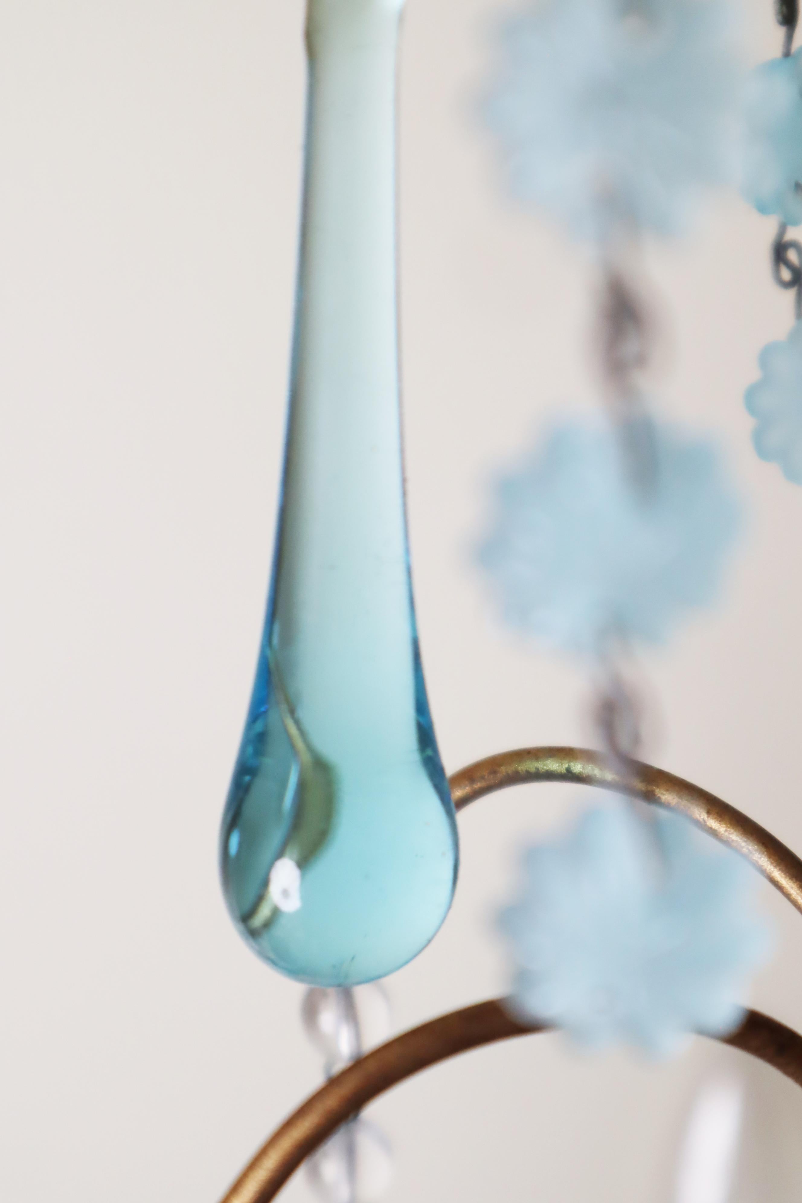 Hollywood Regency Chandelier with Opaline Blue Murano Glass and Aquamarine like Adria For Sale